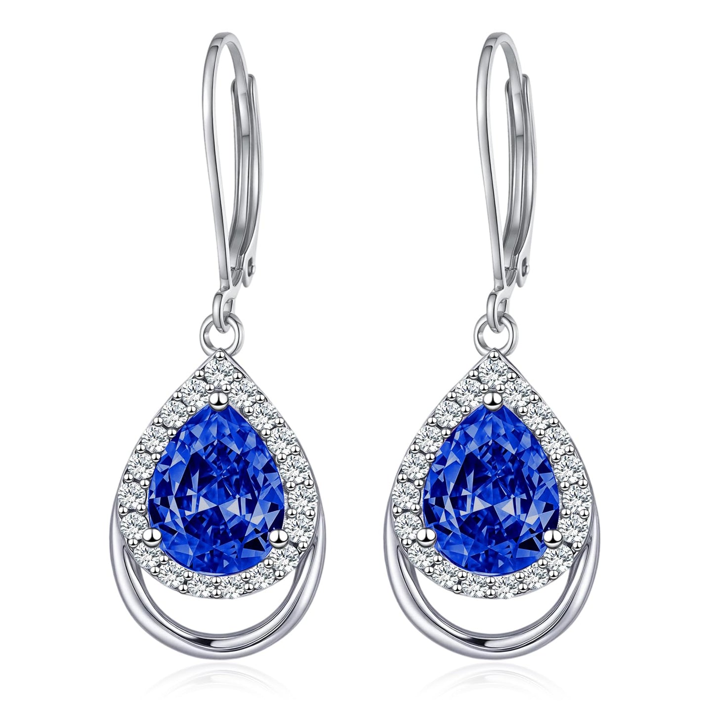 Sapphire Earrings Sterling Silver September Birthstone Teardrop Dangles Blue 5A Cubic Zirconia Drop Jewelry Christmas Gifts for Women