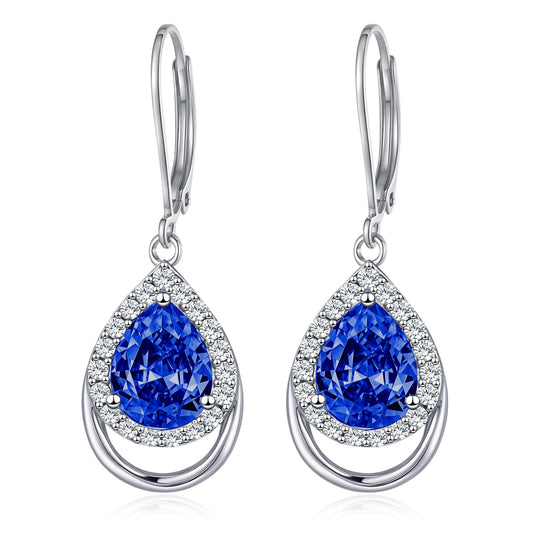 Sapphire Earrings Sterling Silver September Birthstone Teardrop Dangles Blue 5A Cubic Zirconia Drop Jewelry Christmas Gifts for Women