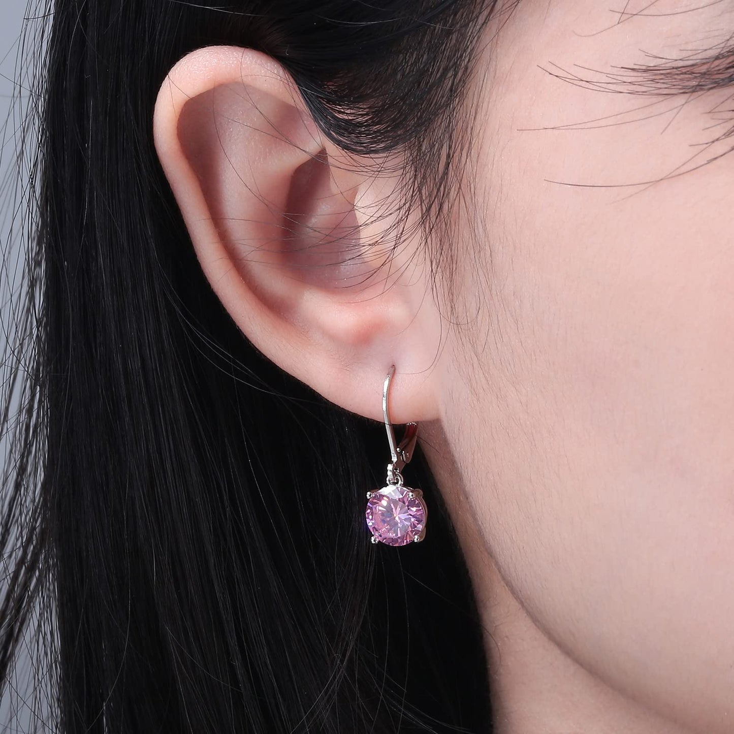 CiNily Leverback Dangle Earrings for Women Ladies Pink Cubic Zircon Pendant Earrings 14K White Gold Plated Hypoallergenic Crystal Drop Earrings for Sensitive Ears Jewelry 8 mm