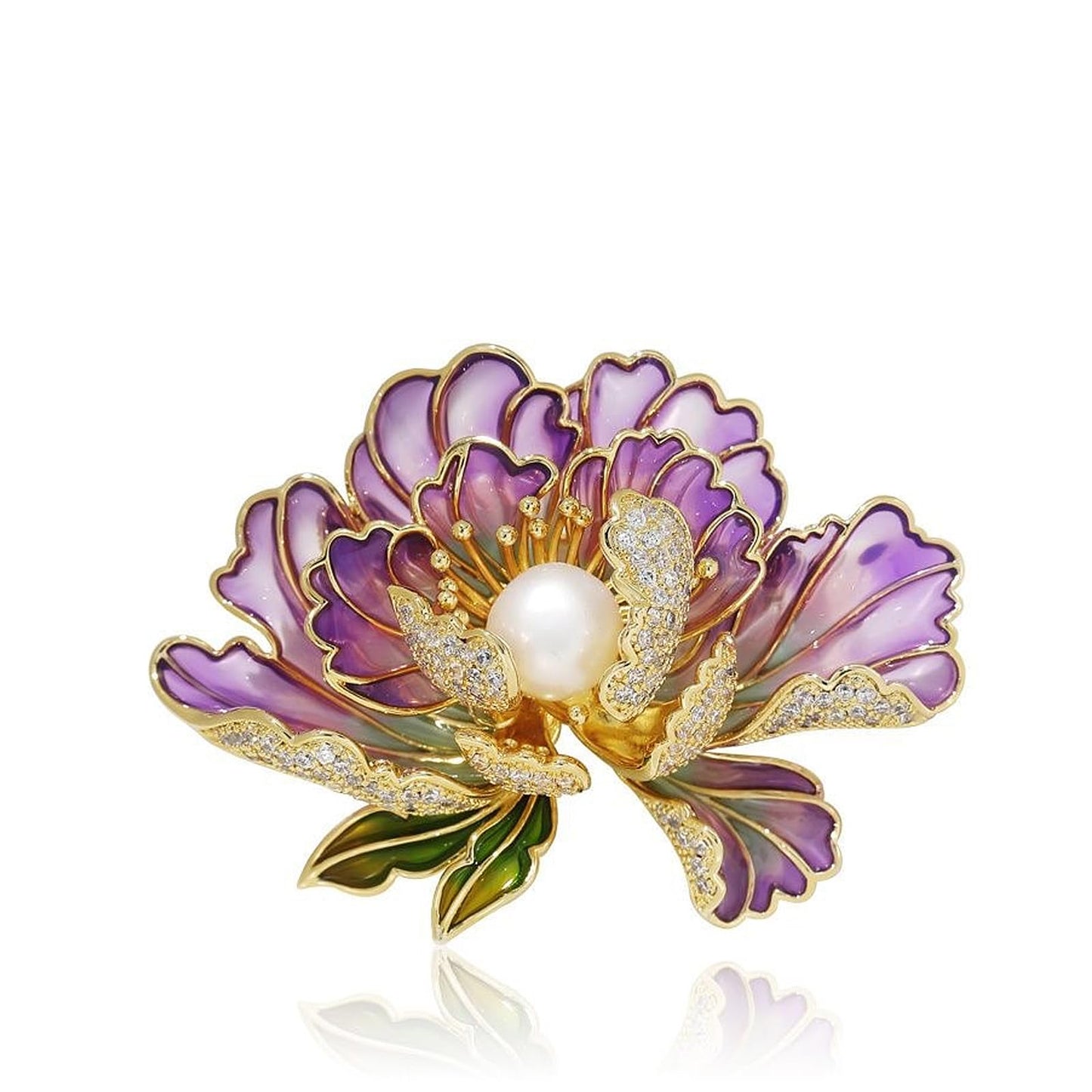 Dainty Flower Brooch Pins for Women Graceful Cubic Zircon Peony Pearl Enamel Badges Lapel Pins Trendy Banquet Prom Dress Jewelry Accessories Gift (Purple)