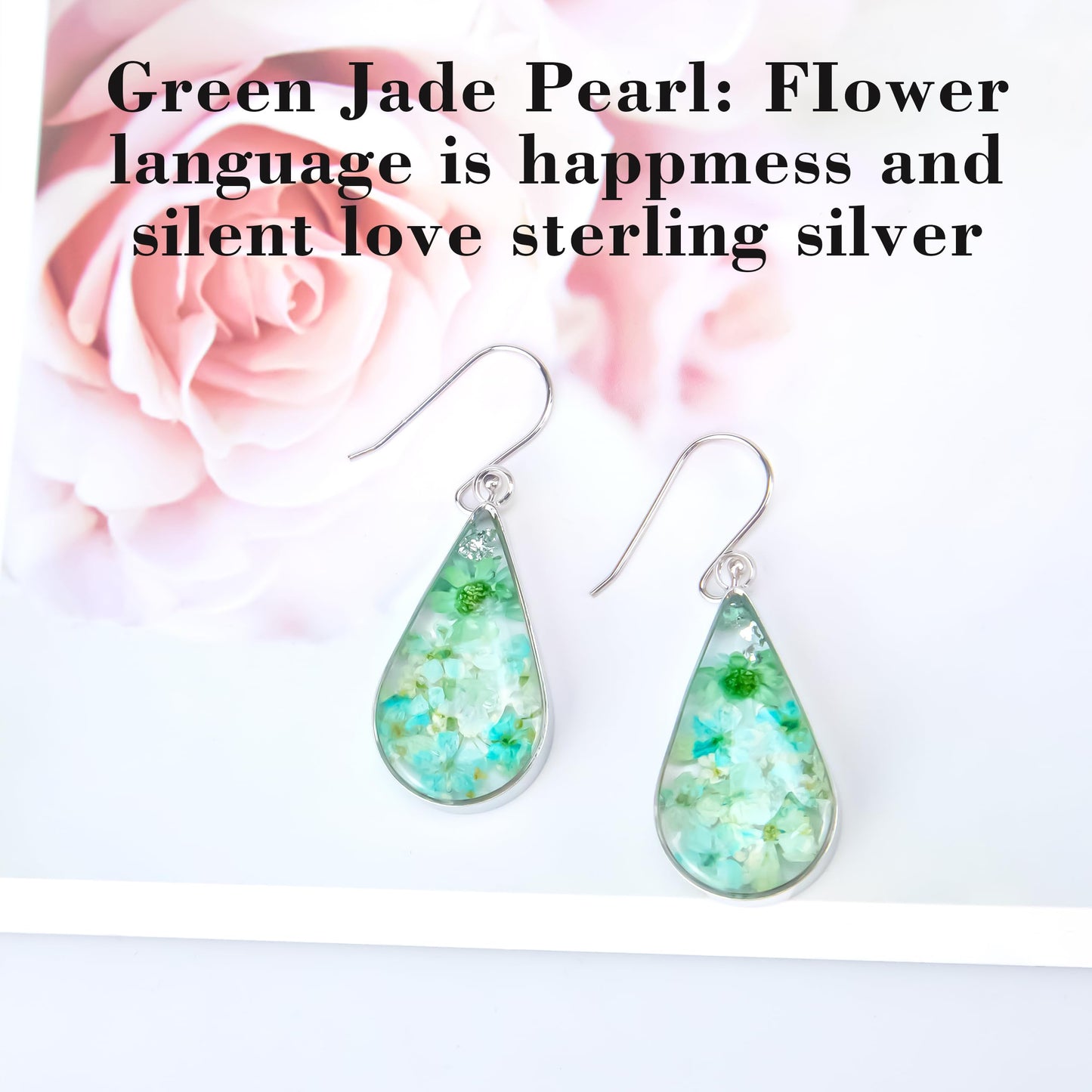 925 Sterling Silver Pressed Flower Teardrop Earrings,Hypoallergenic Women's Jewelry Gift for Mom,Handmade natural dried flower teardrop earrings Jewelry Gift (Green Silver)