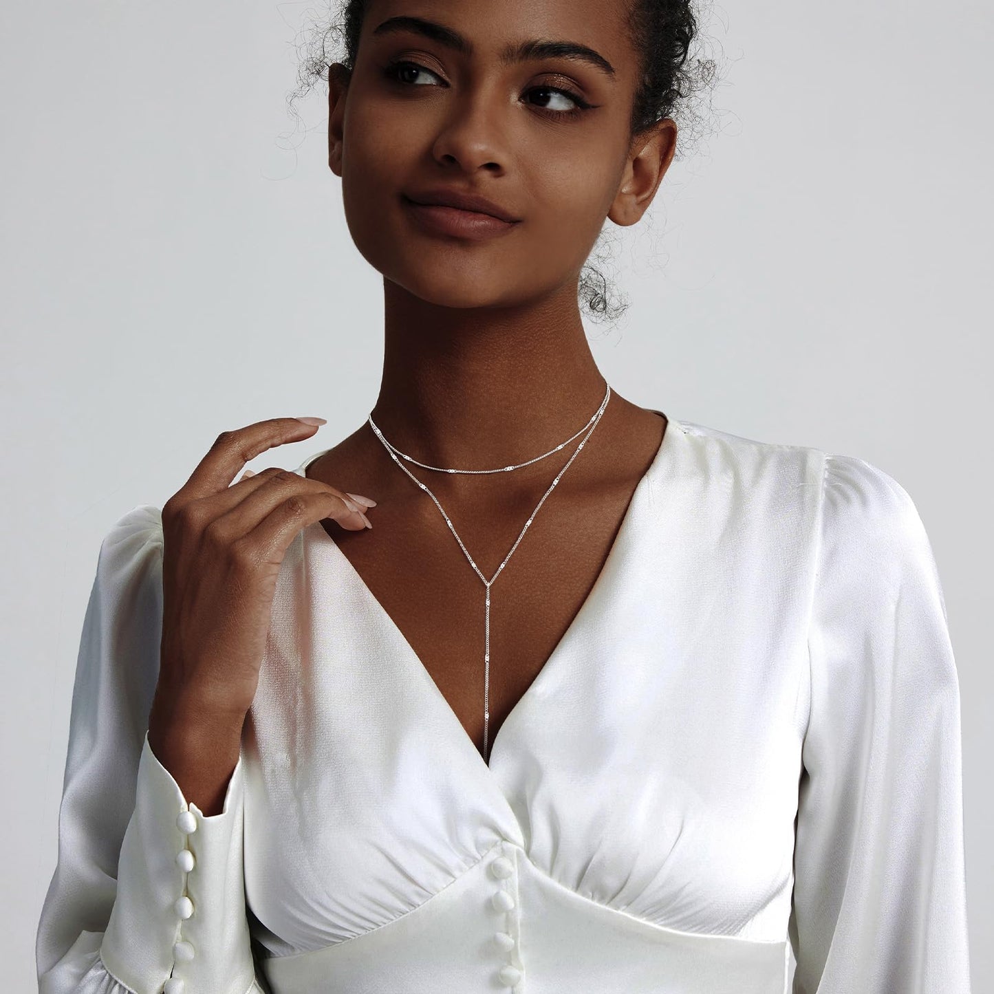 Airmb Silver Necklaces for Women Dainty Long Trendy Y Necklace 925 Silver Plated Long Necklaces for Women Trendy Layered Dot Necklaces Simple Y Necklace Jewelry for Woman