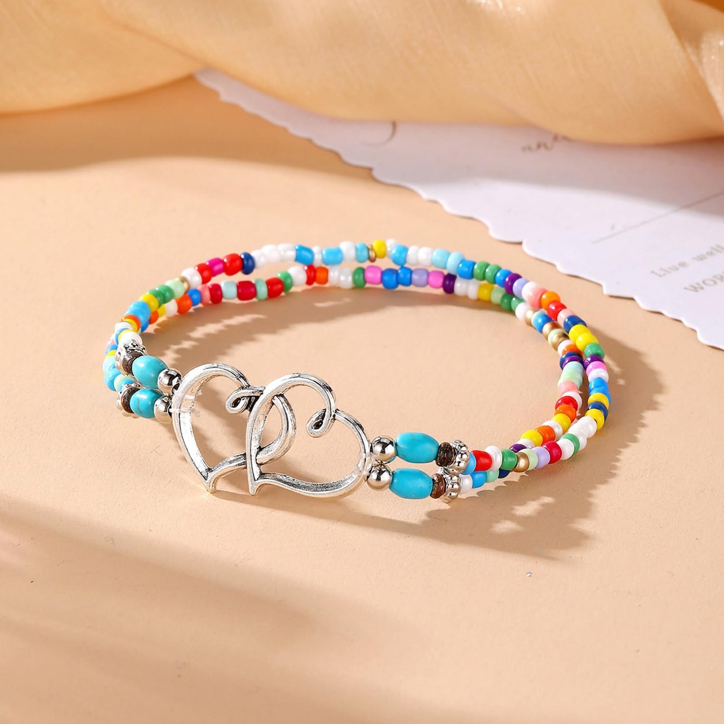 Qceasiy Shell Ankle Bracelet Set for Women, Boho Bead Adjustable Anklet, Hawaiian Beach Seashell Pearl Heart Starfish Conch Foot Jewelry Gifts (Double Heart(Colorful))