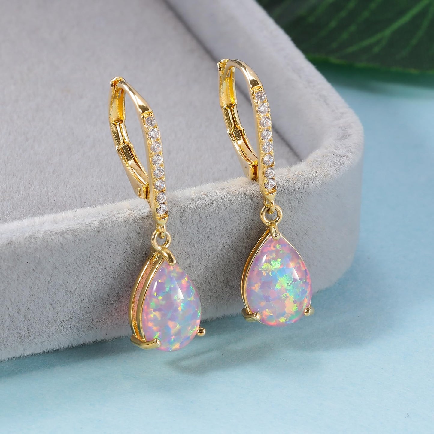 Leverback Purple Opal Dangle Earrings 14k Yellow Gold Plated Drop Earrings for Women Teardrop Earrings Elegant Jewelry Gifts for Mothers Day Birthday Party