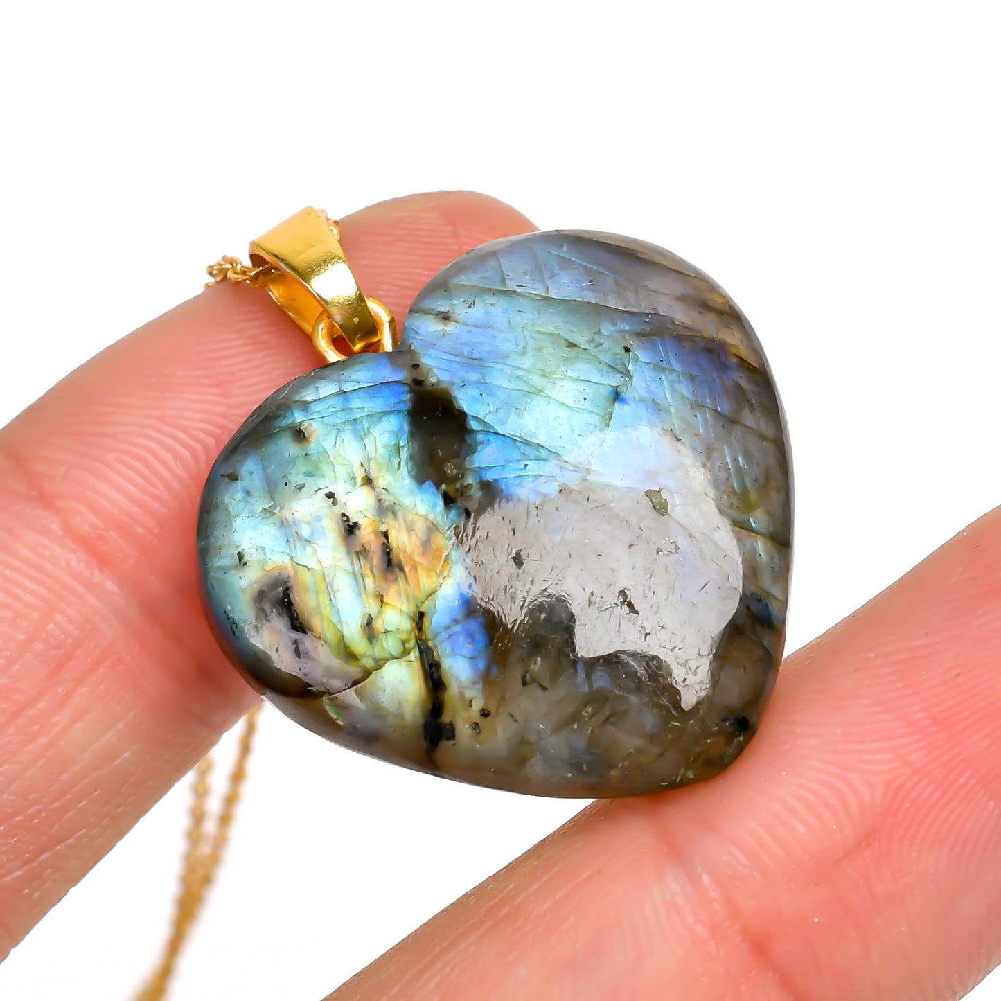 YASHEE Labradorite Gemstone Heart Shape Pendant Necklace, Natural Cabochon, Women Jewelry, Energy Healing Crystals, Calm Chakra, Birthstone, Gift for Women, Gold Plated Jewelry 18 inch, AA+ Quality