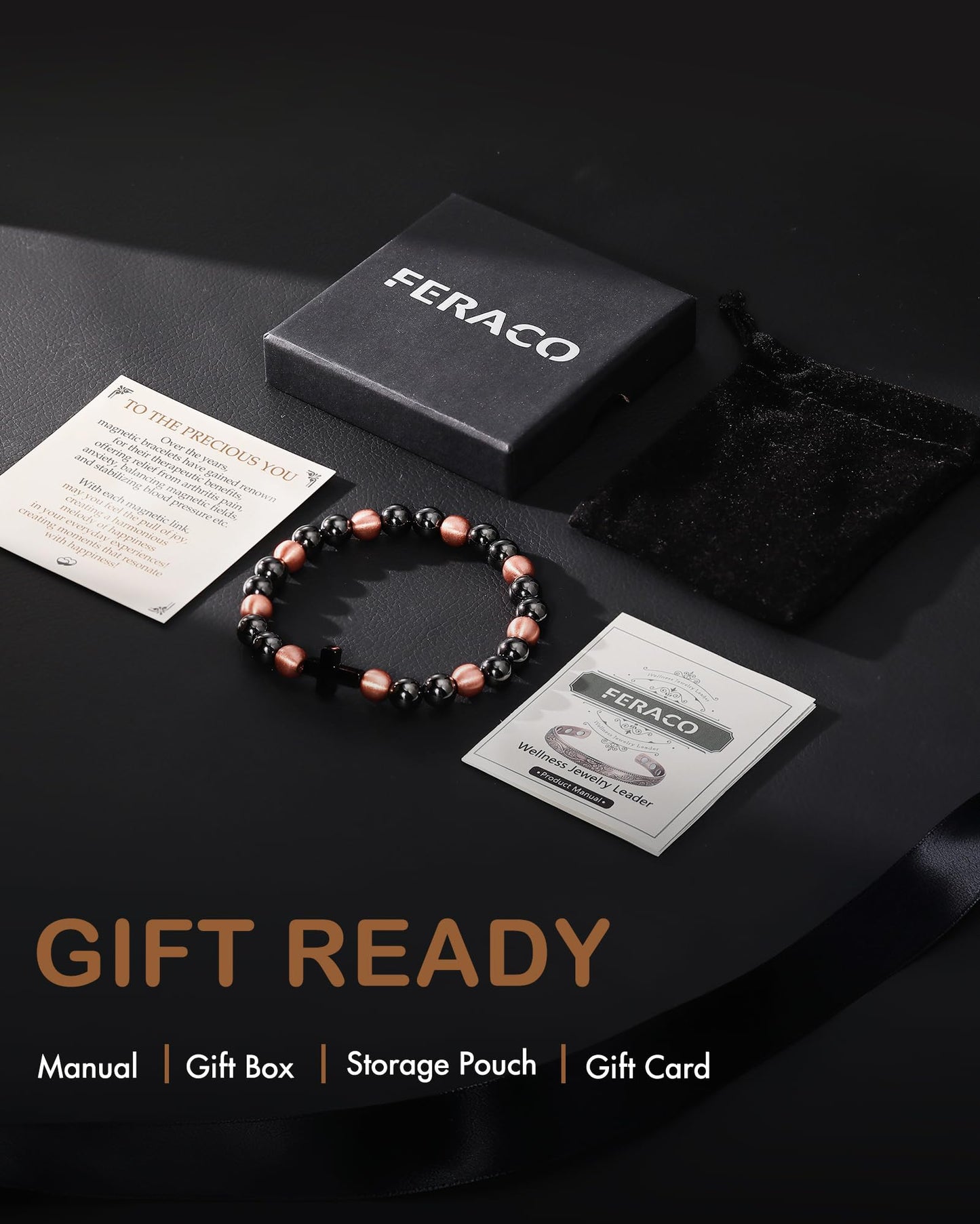 Feraco Pure Copper Magnetic Bead Bracelet for Men Women with Cross, 8mm 99.99% Solid Copper & 3500 Gauss Magnetic Hematite Beads, Unisex Stretch Wristband, Gift-Ready Jewelry