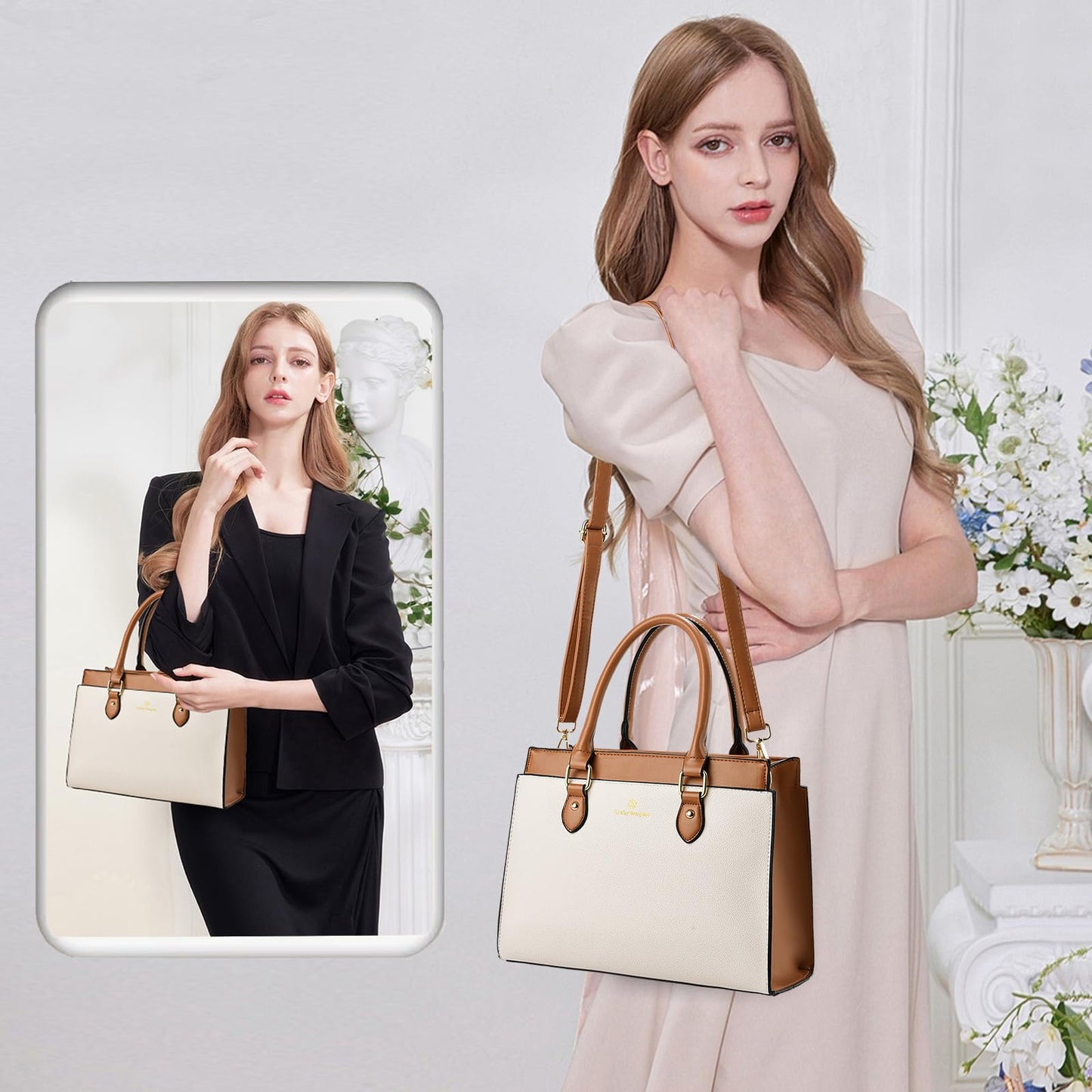 KURGOOL Handbags Purses for Women, Trendy Leather Dual-tone Tote Purse, Designer Handbag Shoulder Bag Top Handle Satchel Bags (Beige & Brown)