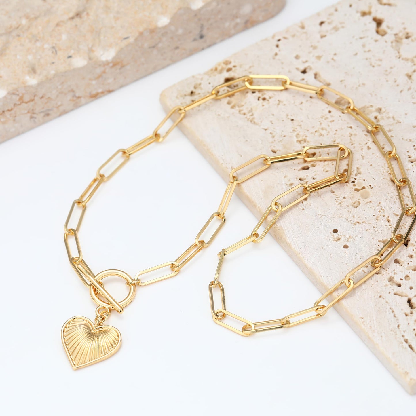 BONJOULRY Heart Necklaces for Women 14K Gold Plated Vintage Retro Chunky Paperclip Link Chain Pendant Choker Necklaces Trendy Jewelry Valentine's Day Gift