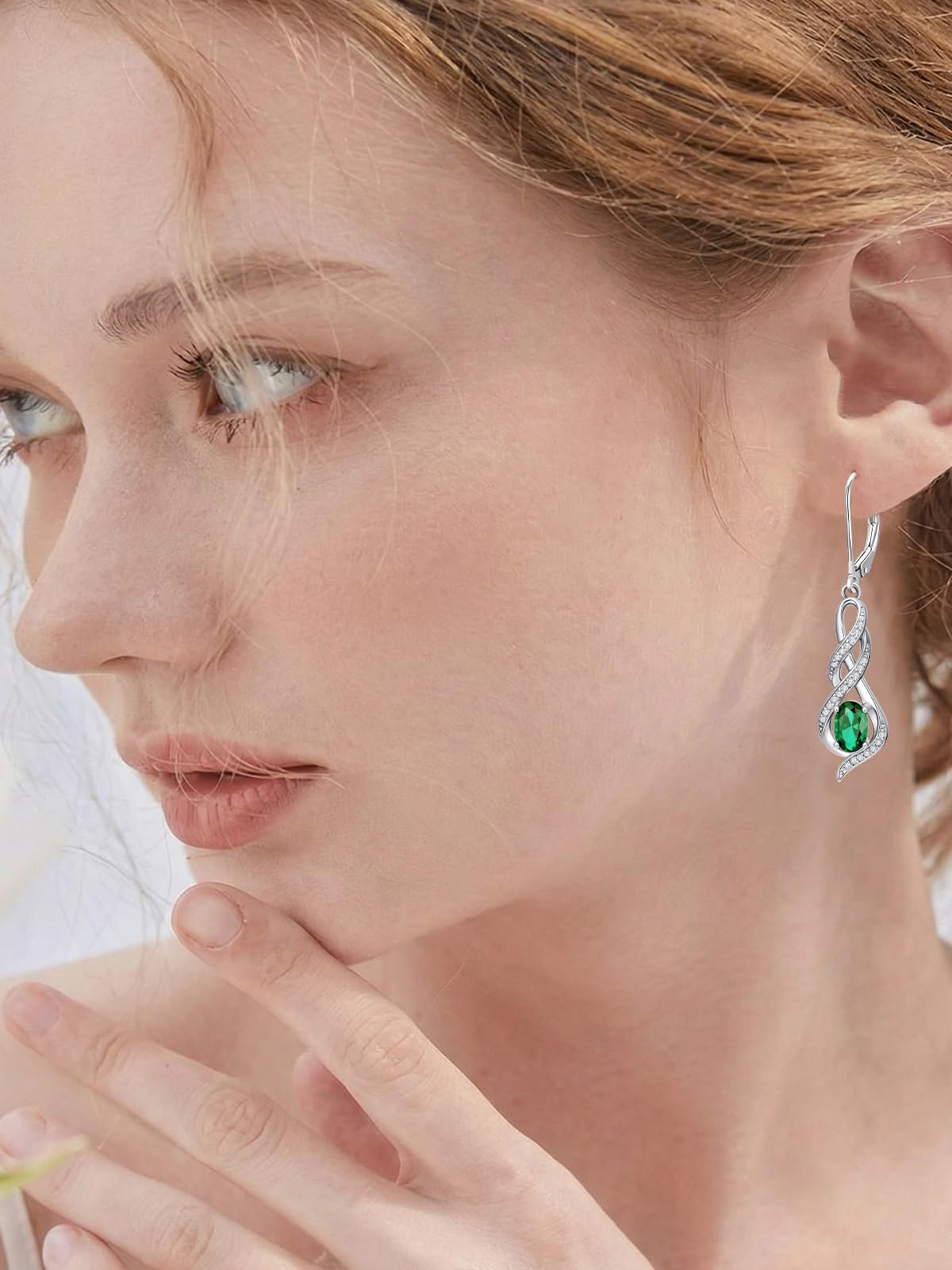 POIUY Woman Gifts for Birthday Emerald May Birthstone Infinity Leverback Dangle Earrings Hypoallergenic Drop Earrings Love Jewelry Anniversary Christmas Wedding Gift for Mom Wife Sister Daughter Girlfriend