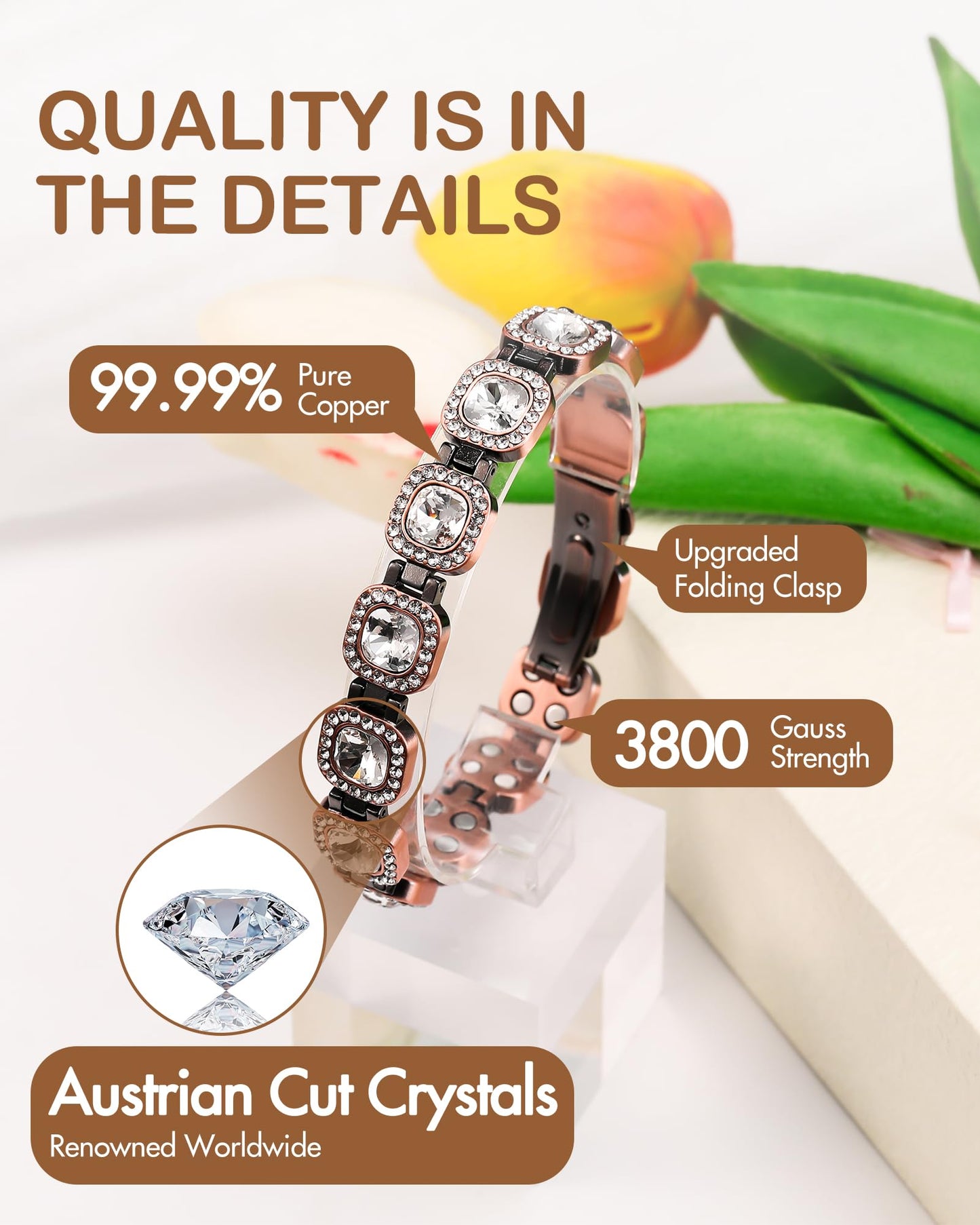 Feraco Copper Bracelets for Women, 4X Ultra Strength Magnetic Bracelet with 3800 Gauss Neodymium Magnets & Sparkling Austrian Cut Crystals, Adjustable Pure Copper Jewelry Gift