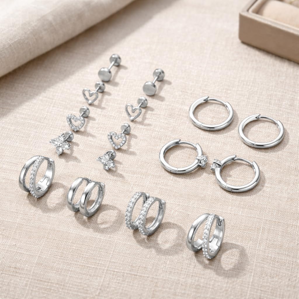 Nunpag 9 Pairs Hypoallergenic Trendy Silver Flat Back Earrings for Women CZ Stones Studs Earring Circle Heart Clover Hoop Earrings Stainless Steel Jewelry Gift for Sensitive Ears