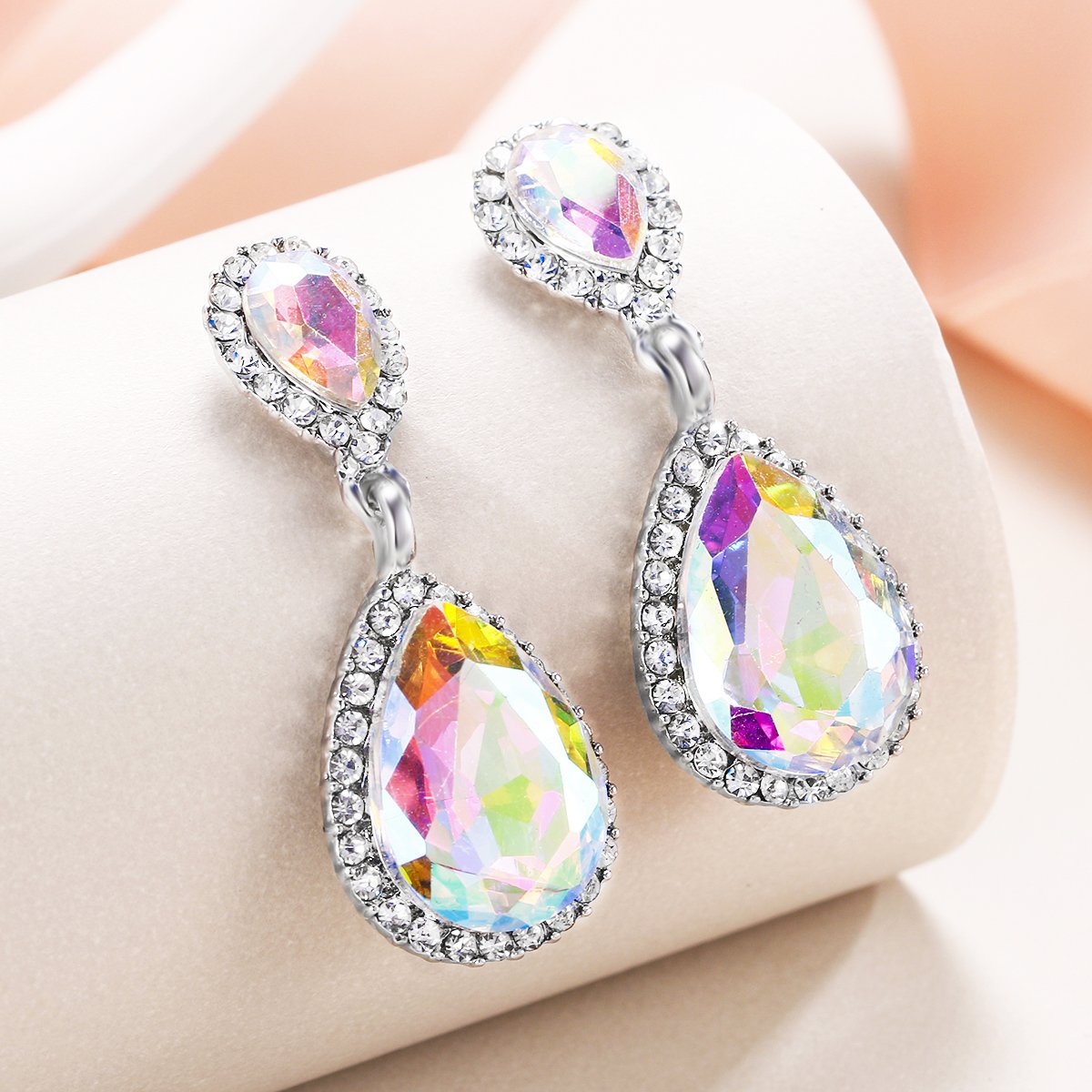 EVER FAITH Women's Austrian Crystal Wedding Tear Drop Dangle Earrings for Bride Iridescent AB Silver-Plated-Base
