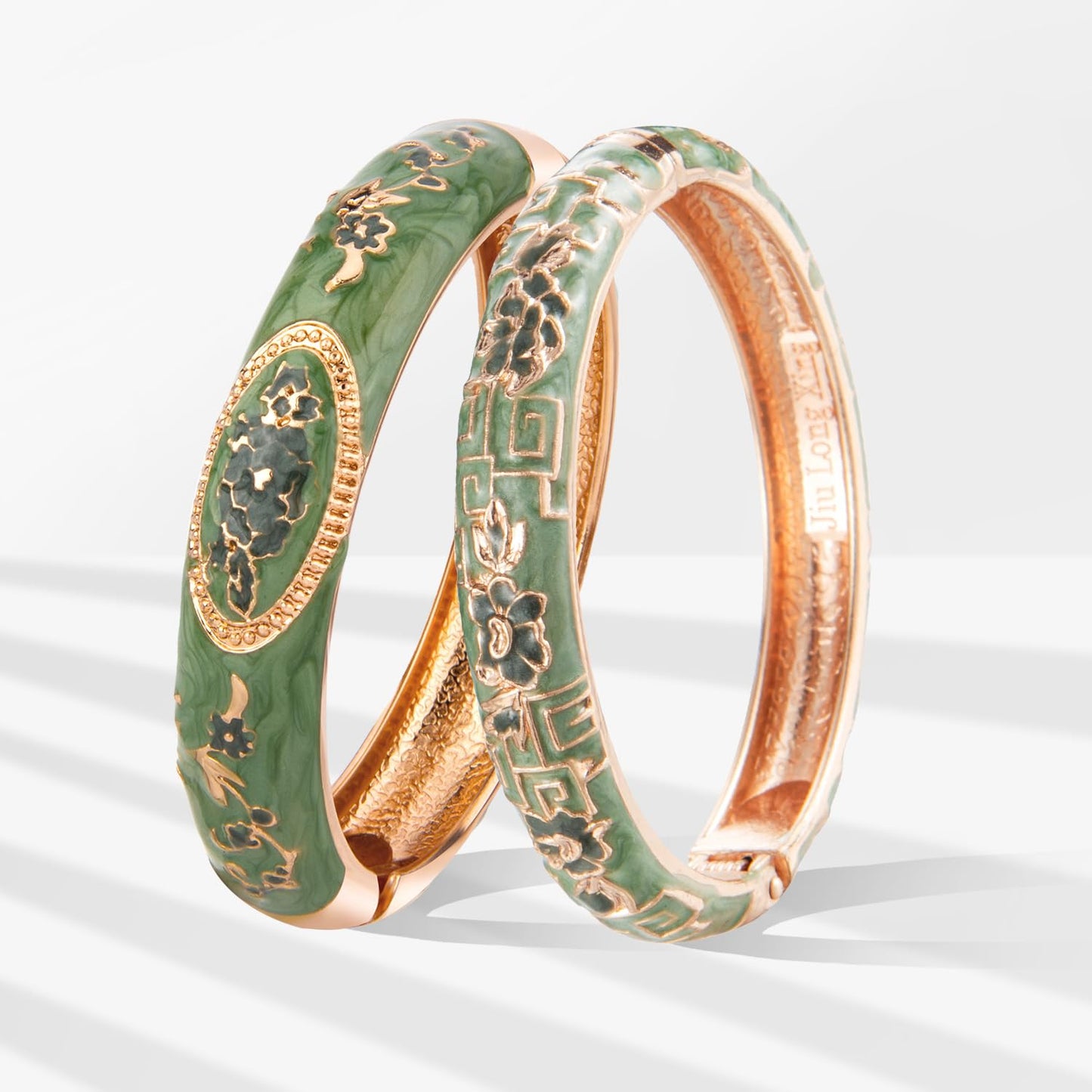 UJOY Fashion Cloisonne Bracelets Colorful Enameled Flower Spring Hinged Plated Bangles Womens Jewelry Gifts 55C58-55A114 Green