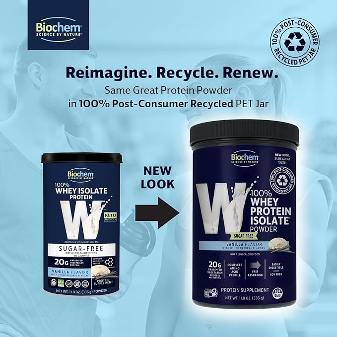 Biochem 100% Whey Sugar-Free Vanilla 20g, 11.8oz, Certified Vegetarian, Certified Gluten Free, Certified Non-GMO Tested, Keto Friendly, Grass-Fed