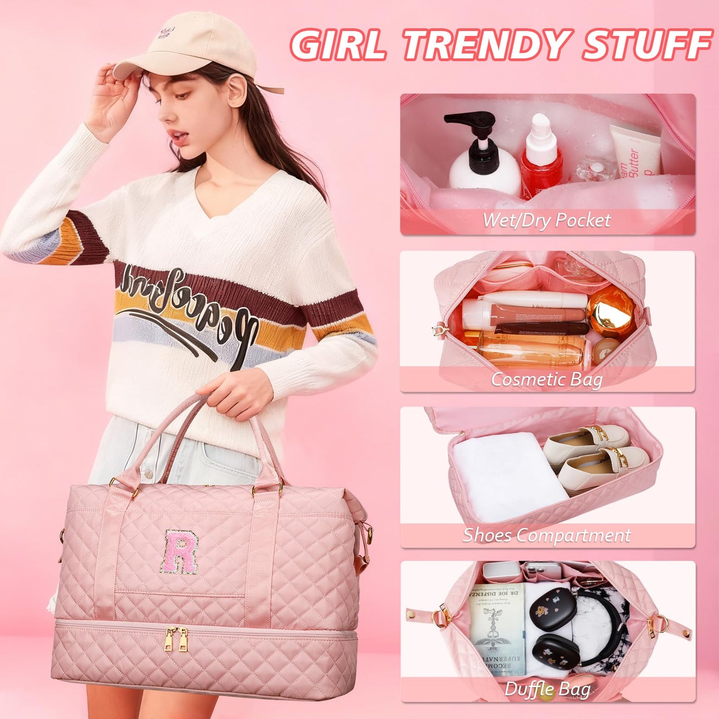 Gifts for Women Teen Girls Birthday Initial Travel Duffle Bag Quilted Weekender Bags Carry-On Overnight with Cosmetic Bag, Gym Bag with Shoe Compartment, Pink-R