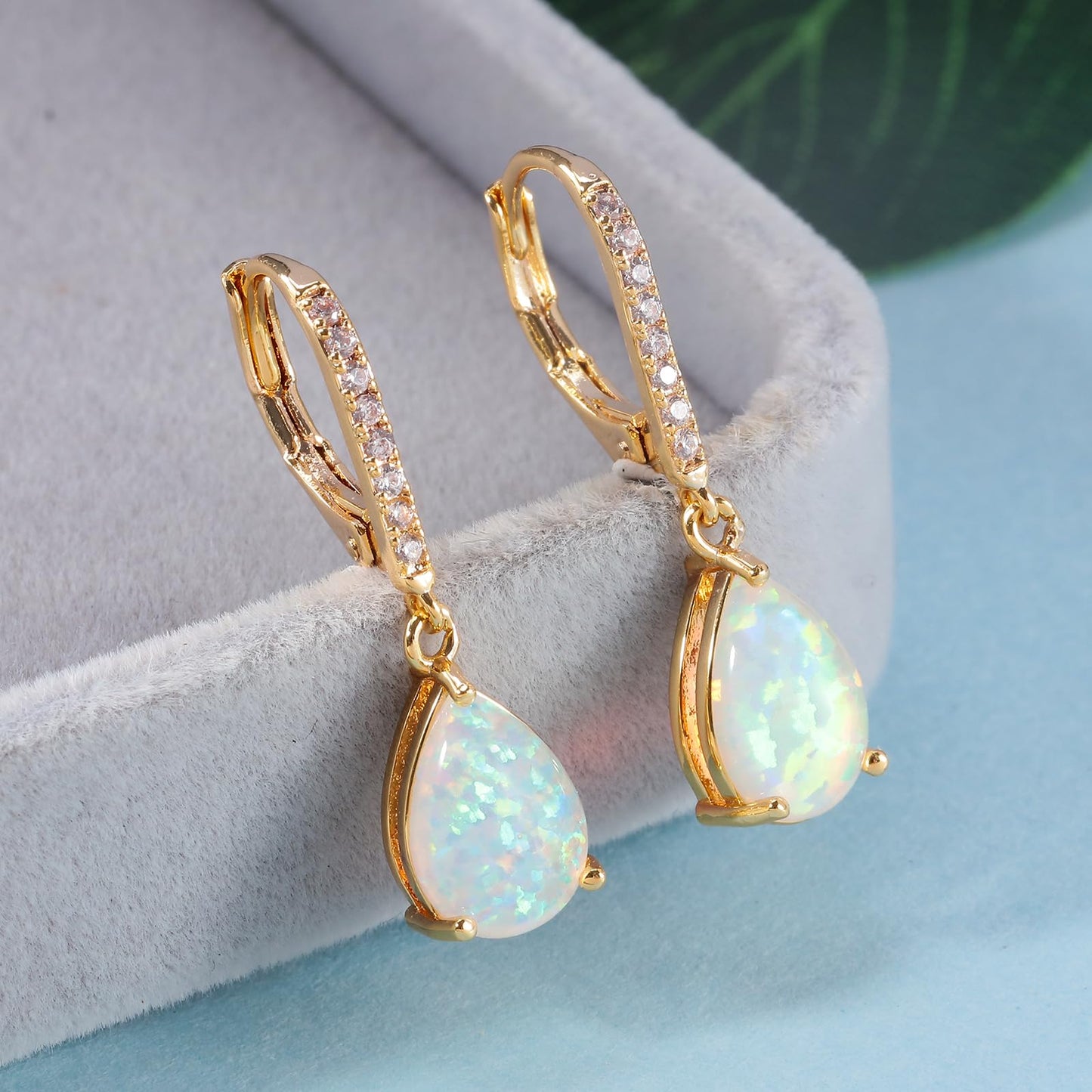 Leverback White Opal Dangle Earrings 14k Yellow Gold Plated Drop Earrings for Women Teardrop Earrings Elegant Jewelry Gifts for Christmas Birthday Party