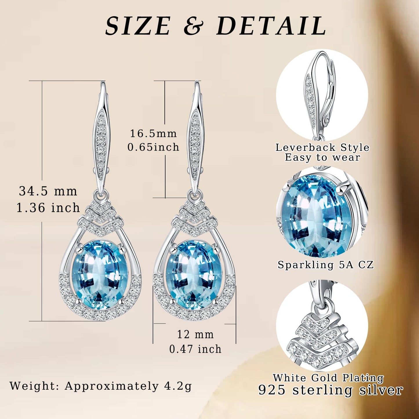 March Birthstone Blue Aquamarine Dangle Earrings Sterling Silver Teardrop Leverback Drop Earring for Women Wedding Jewelry for the Bride Oval Cut CZ Earrings Anniversary Birthday Gifts for Wife Mom