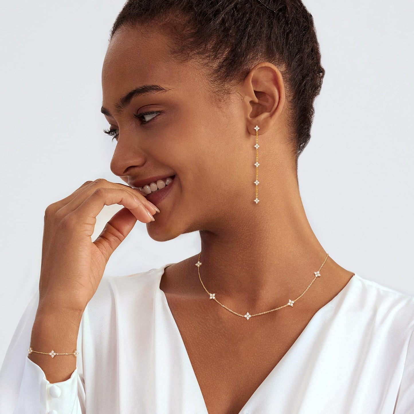 LULII Gold Jewelry Set for Women Dainty 14K Gold Plated Diamond CZ Chain Leaf Necklace and Earring Set with Drop Earrings Bracelets Gold Necklace Wedding Jewelry Gift