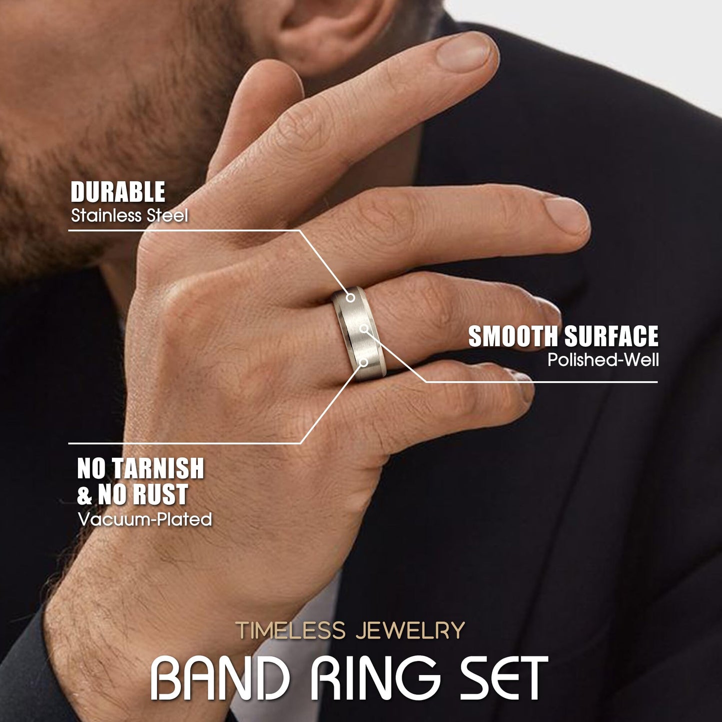 Jstyle Stainless Steel Rings for Men Women 8MM Wedding Band Rings Matte Surface - Beveled Polished Edge Mens Ring Size 6.5 Silver Plated Ring for Men