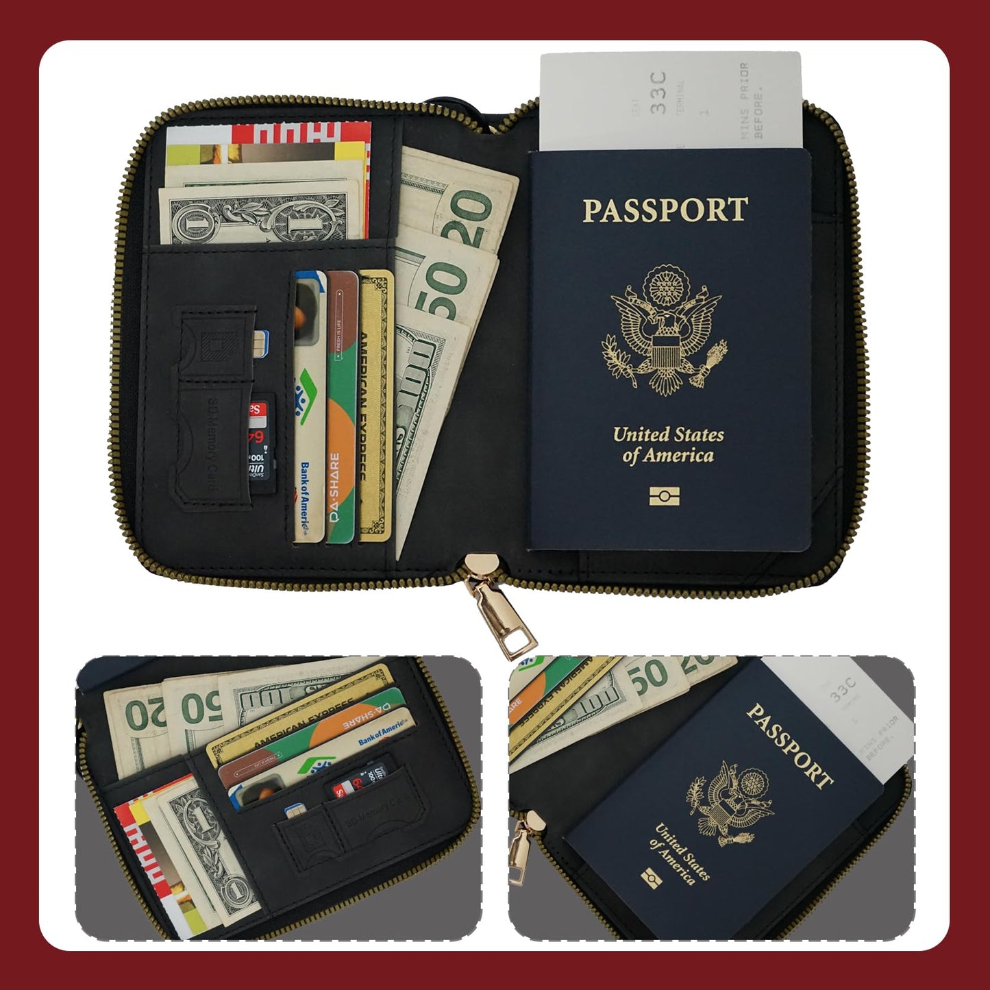Passport Holder with Tether and Clip to Prevent Loss and Theft, Rfid Passport Holder for Travel, Passport Wallet, Passport Cover for Men and Women (Black - Tether and Clip)