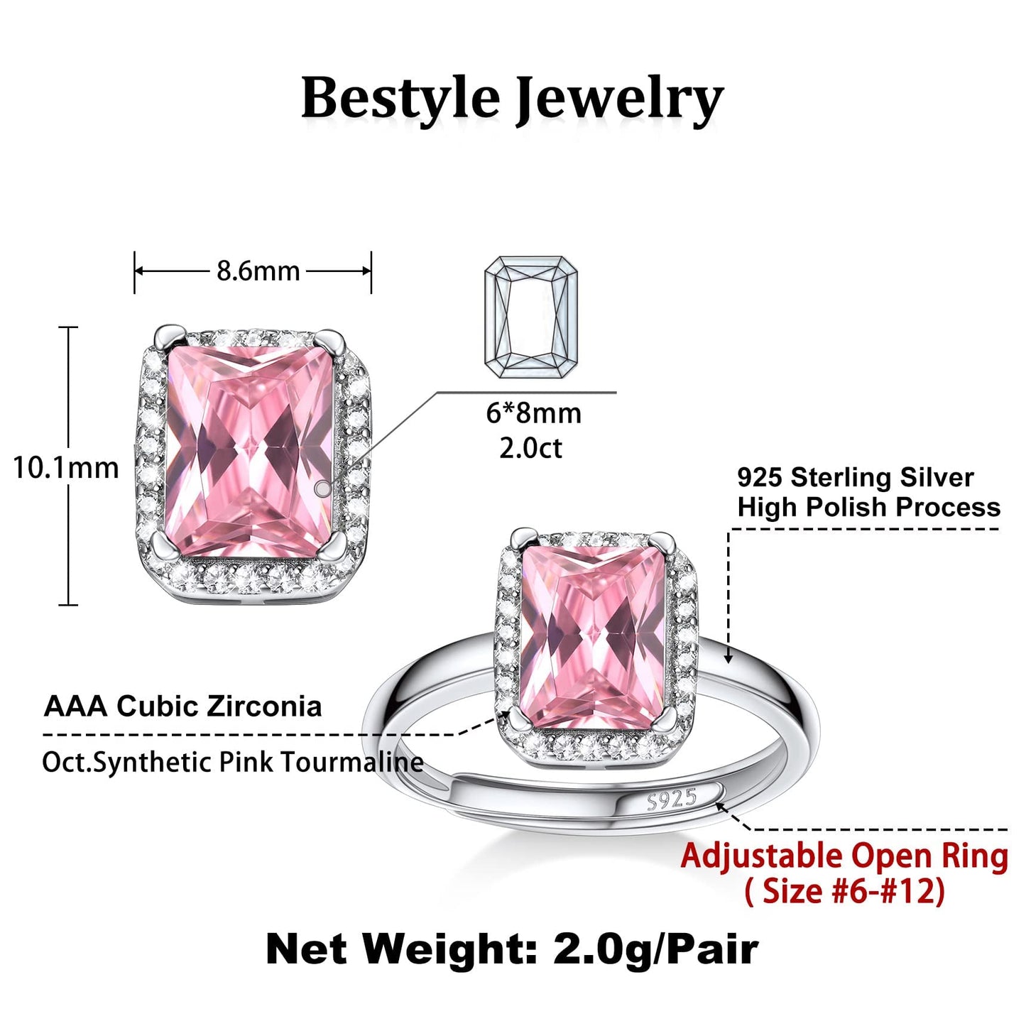 Bestyle Infinity Love Square October Pink Tourmaline Gemstone Rings with Sparkling CUbic Zirconia, Brilliant Love Square Diamond Halo Rings Statement Jewelry for Women