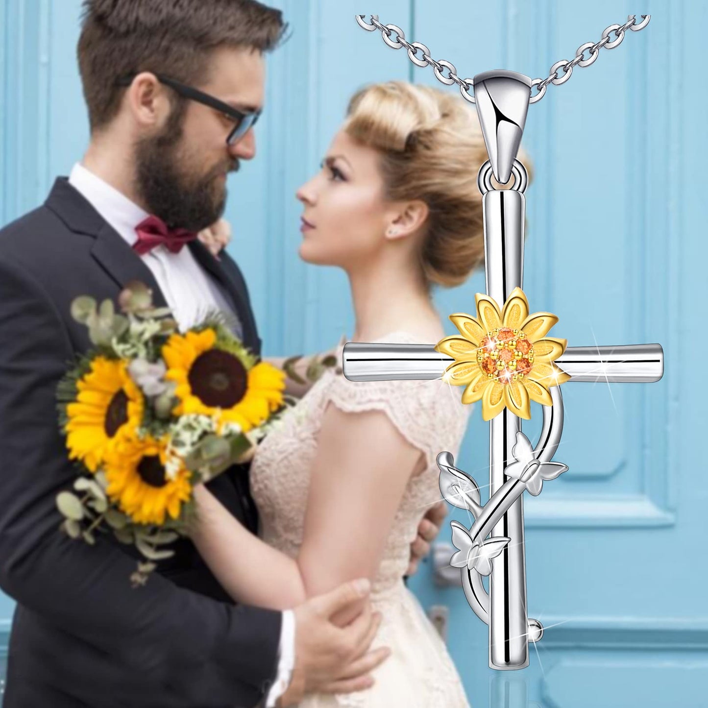 Distance Cross Necklace for Women 925 Sterling Silver Double Butterfly and Sunflower Pendant Necklace for Mom Wife Gift for Mother's Day or Birthday