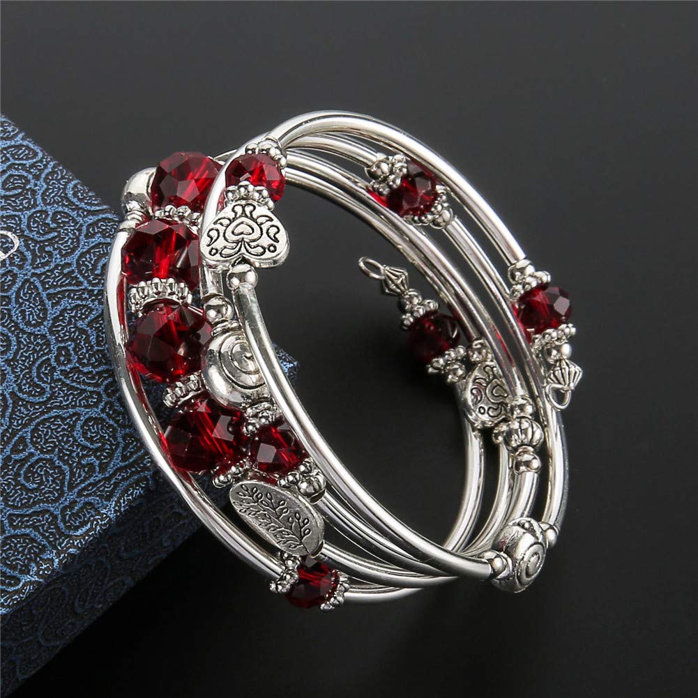 PEARL&CLUB Bead Crystal Wrap Bangle Bracelet - Fashion Jewelry Beaded Bracelet with Silver Metal, Gifts for Women(23-Red)