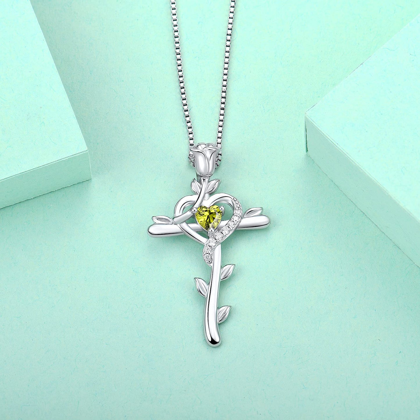 STARCHENIE Rose Cross Necklace 925 Sterling Silver Heart Crucifix Pendant Created Peridot Jewelry for Women