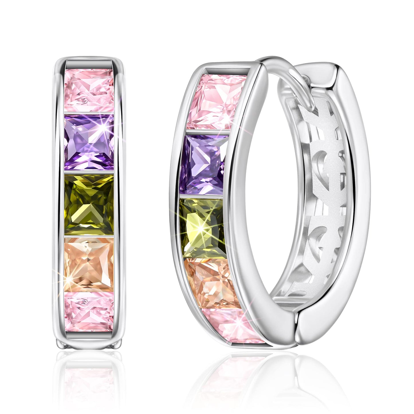 Linawe Silver Hoop Stud Earrings for Women - Trendy Rainbow Cubic Zirconia Flat Back Earrings, Small Cute Tragus & Helix Huggie Nap Cartilage Piercing Jewelry
