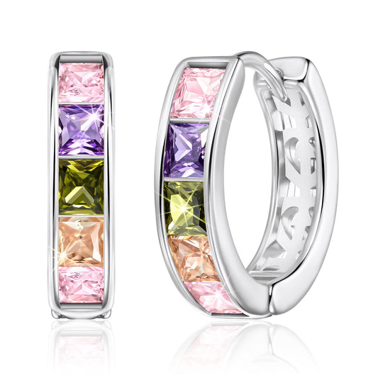 Linawe Silver Hoop Stud Earrings for Women - Trendy Rainbow Cubic Zirconia Flat Back Earrings, Small Cute Tragus & Helix Huggie Nap Cartilage Piercing Jewelry
