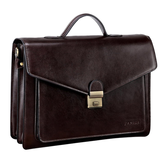 Banuce Vintage Leather Briefcase for Men 14 Inch Laptop Bag for Work Business Travel with Luggage Strap and Detachable Strap Coffee Brown