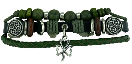 JC Walsh and Sons Charm Hippy Bracelet Connemara Marble Beads Adjustable Genuine Leather Bracelet Birthday Irish Gift Celtic Symbol Present (Shamrock, Adjustable)