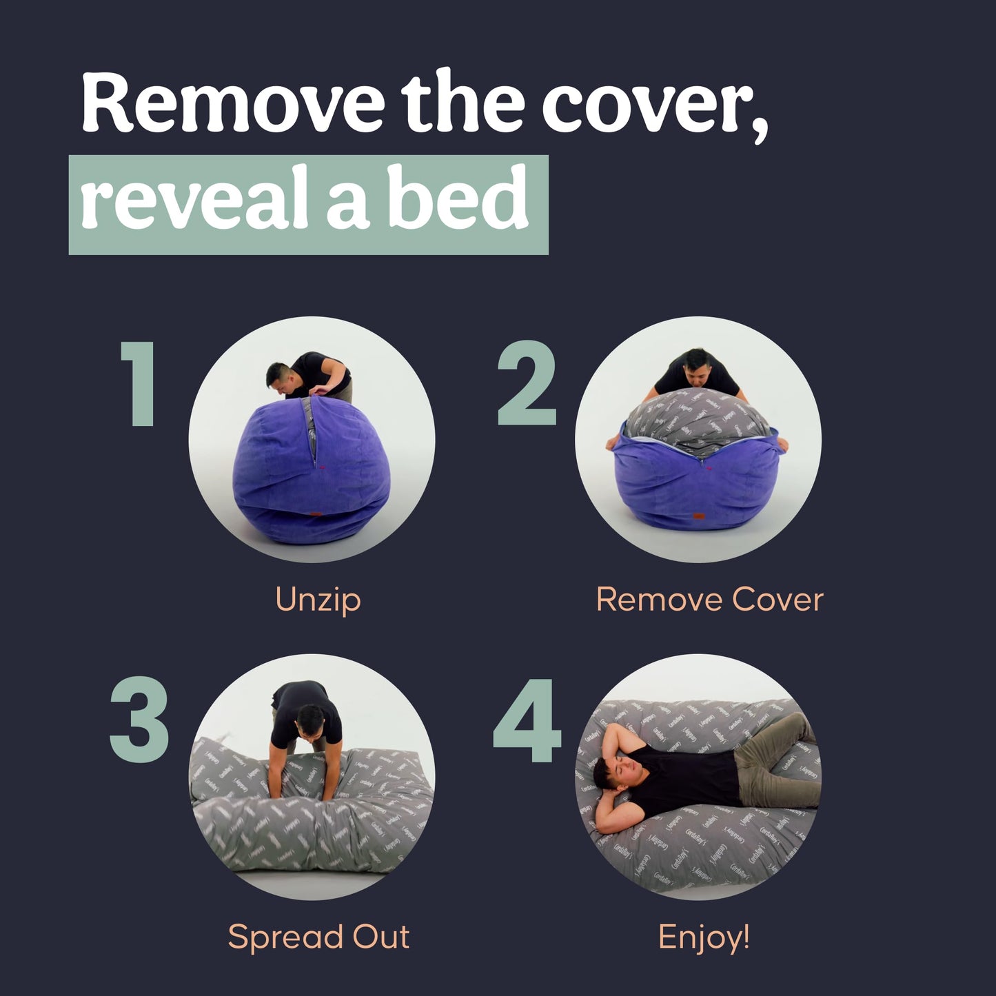 CordaRoy's Plush Bean Bag - Convertible Bean Bag Chair - Machine-Washable Plush Fabric Cover - for Basement, Living Room, Game Room, Dorm & More - Queen Size - Indigo | Made in The USA