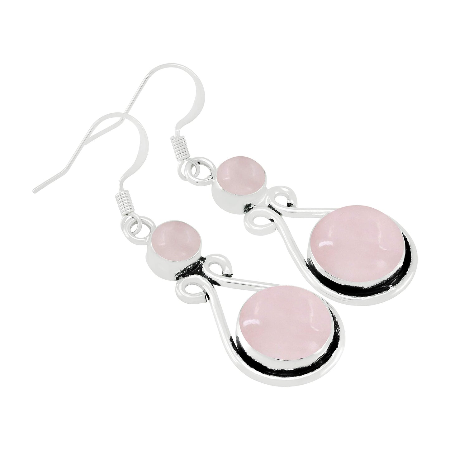 Natural Rose Quartz Silver Plated Dangle Earrings for Women - Januray Birthstone Round Gemstones Drop Earrings Handmade Jewelry - Valentine's Day Gift for Her