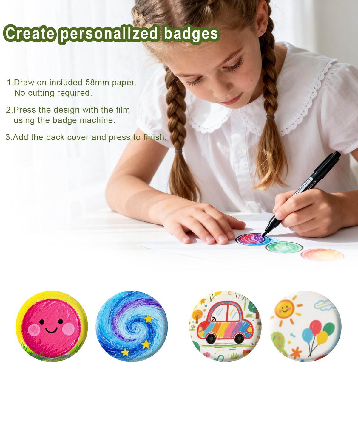 UCEC 100 PCS 58mm Button Maker Supplies, 2.25 Inch Button Pins Badge Kit, Pin Maker Supplies Button Making Supplies with Plastic Backs, Clear Film & Papers, Fits Most 58mm Button Maker Machine for DIY