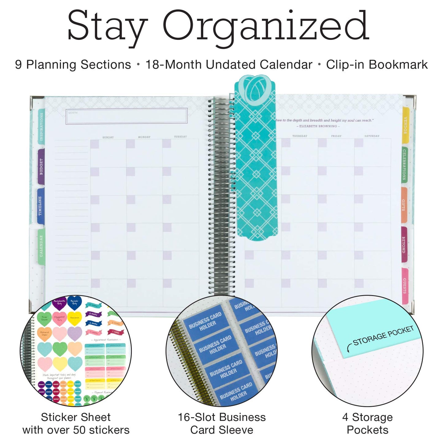 Global Printed Products Wedding Planner 9x11 Hardcover Organizer, Bookmark, Planning Stickers, Business Card Holder, and Pocket Folders