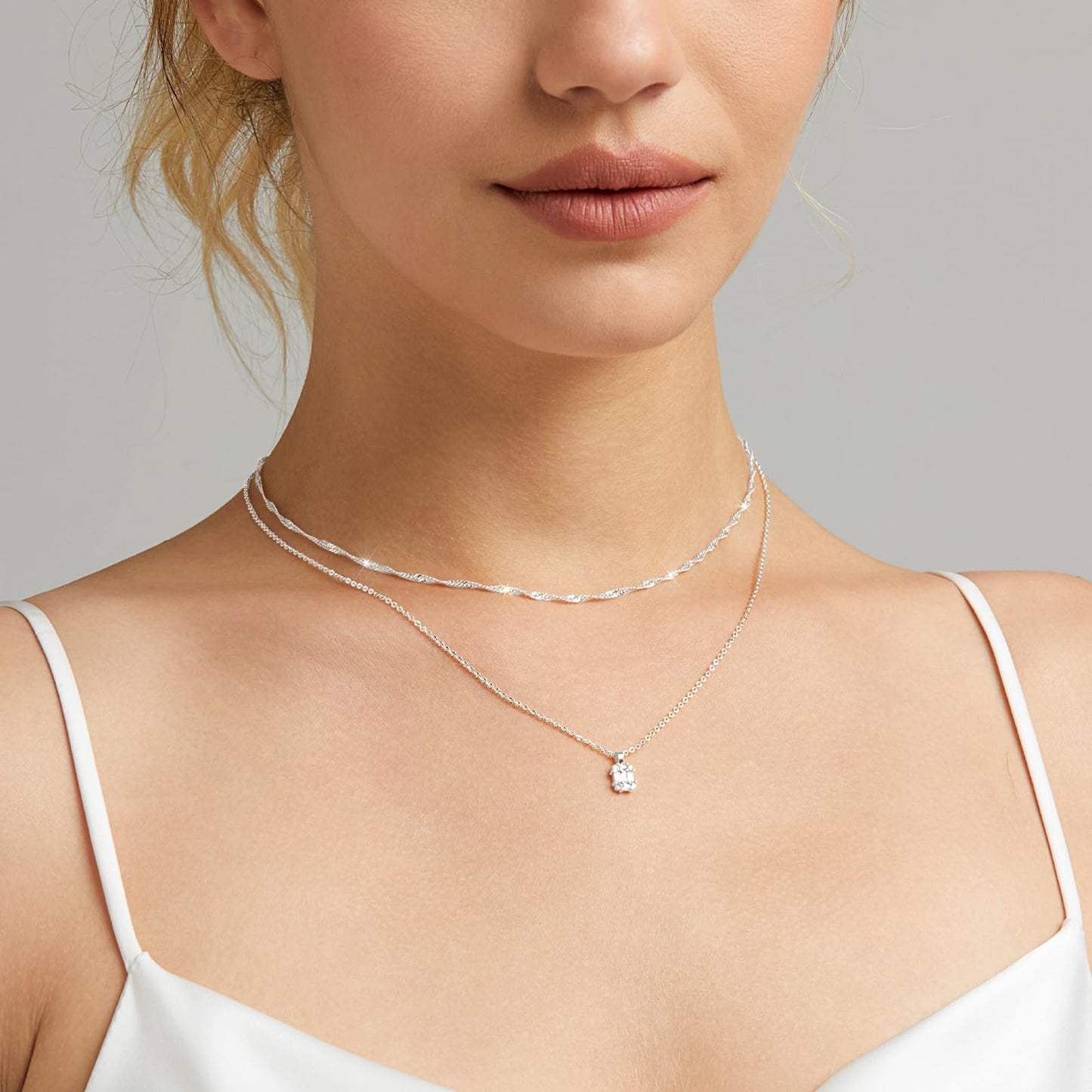 Zeffy Silver Necklace for Women Dainty Silver Layered Necklaces Prom Diamond Necklace Simple Chain CZ Choker Necklaces Silver Set Jewelry Gifts for Women