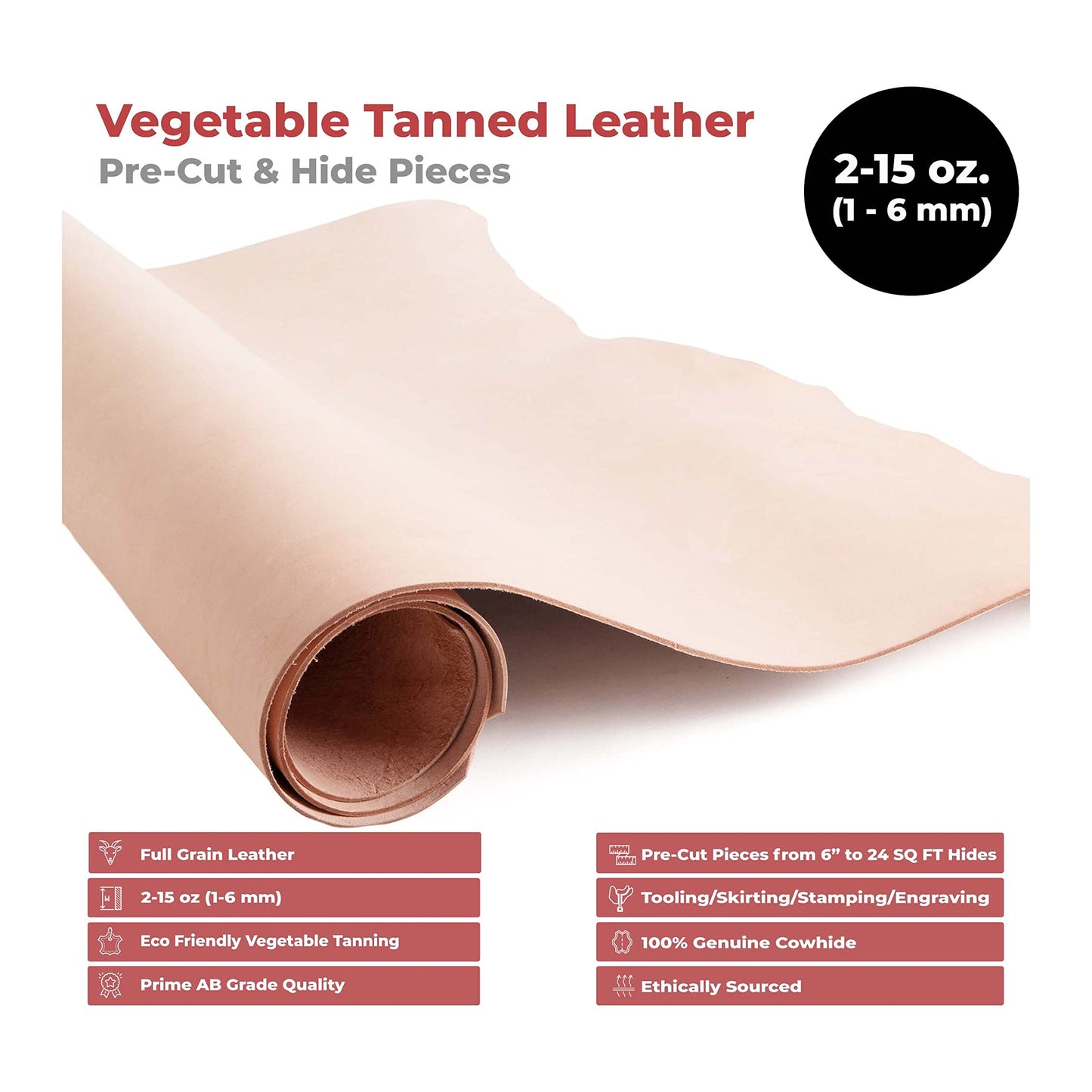 ELW 5-6 oz (2-2.4mm) Thickness Weight Pre-Cut 12"x24" Vegetable Tanned Leather Cowhide Grade AB Full Grain Leather for Tooling, Carving, Engraving, Molding, Embossing, Stamping, & Dyeing