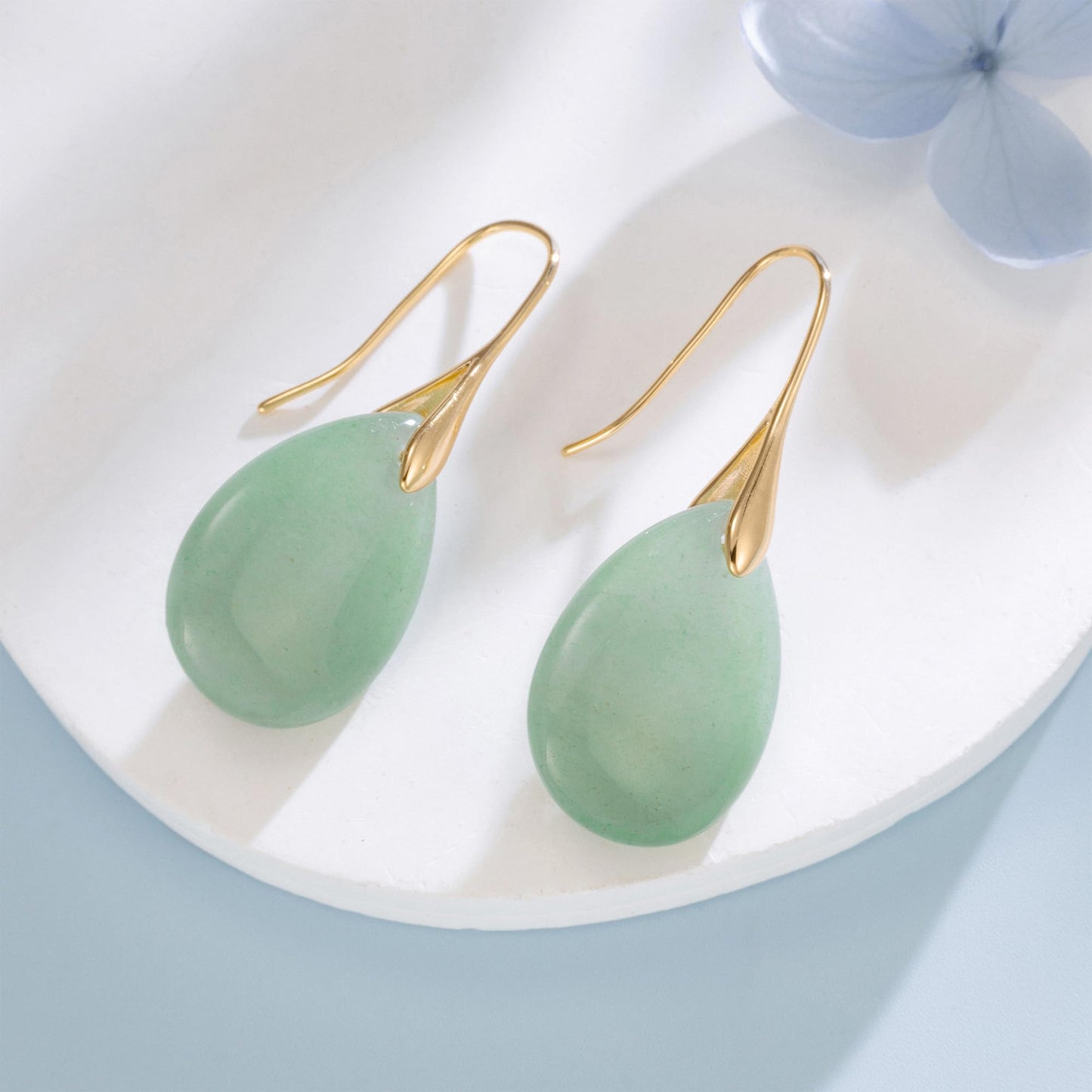 SELOVO Green Aventurine Stone Teardrop Dangle Drop Fishhook Earrings Gold Tone