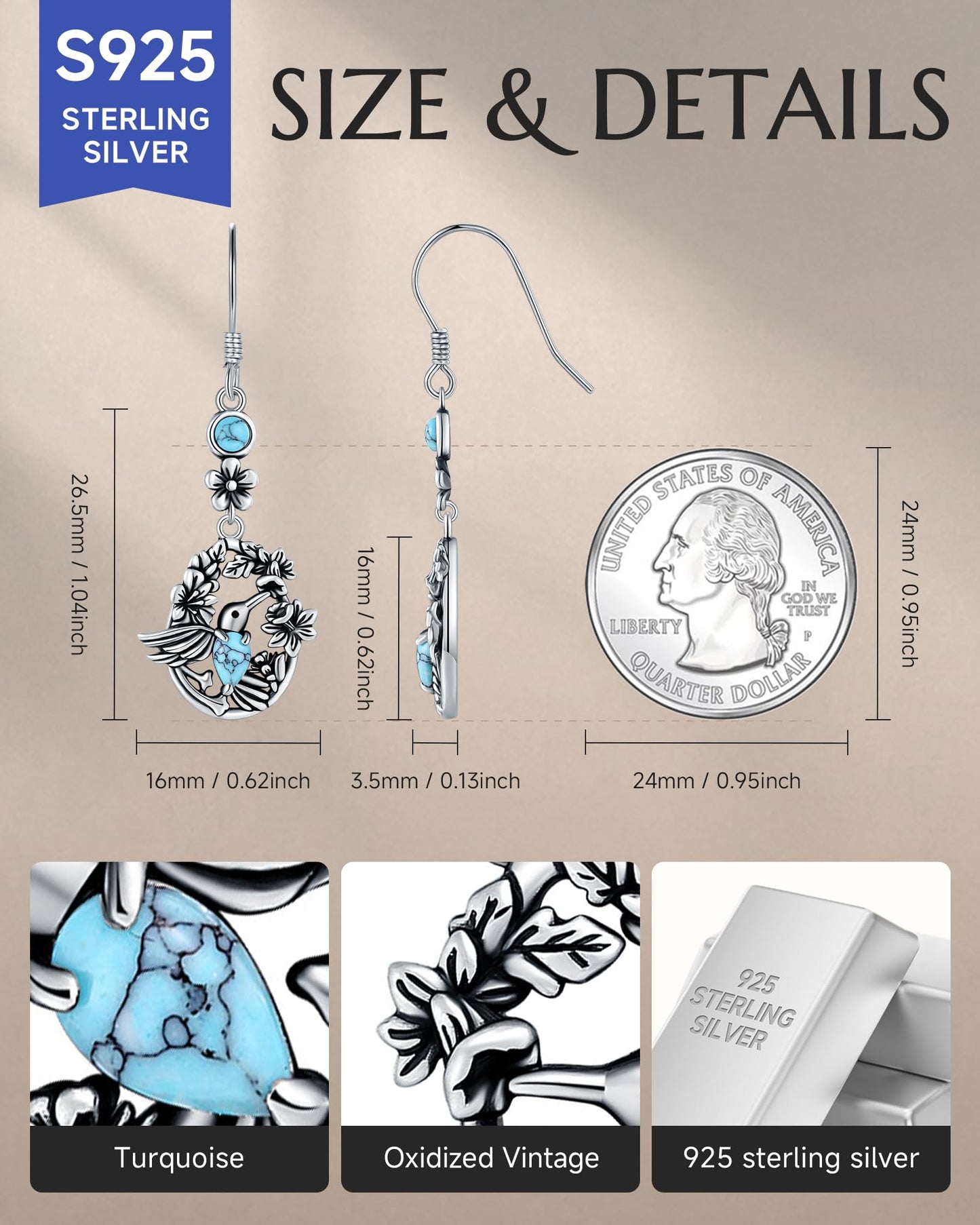 925-Sterling-Silver Turquoise Hummingbird Dangle Earrings - Vintage Boho Floral Jewelry Gift for Women Mom on Birthday, Mother’s Day, Holiday