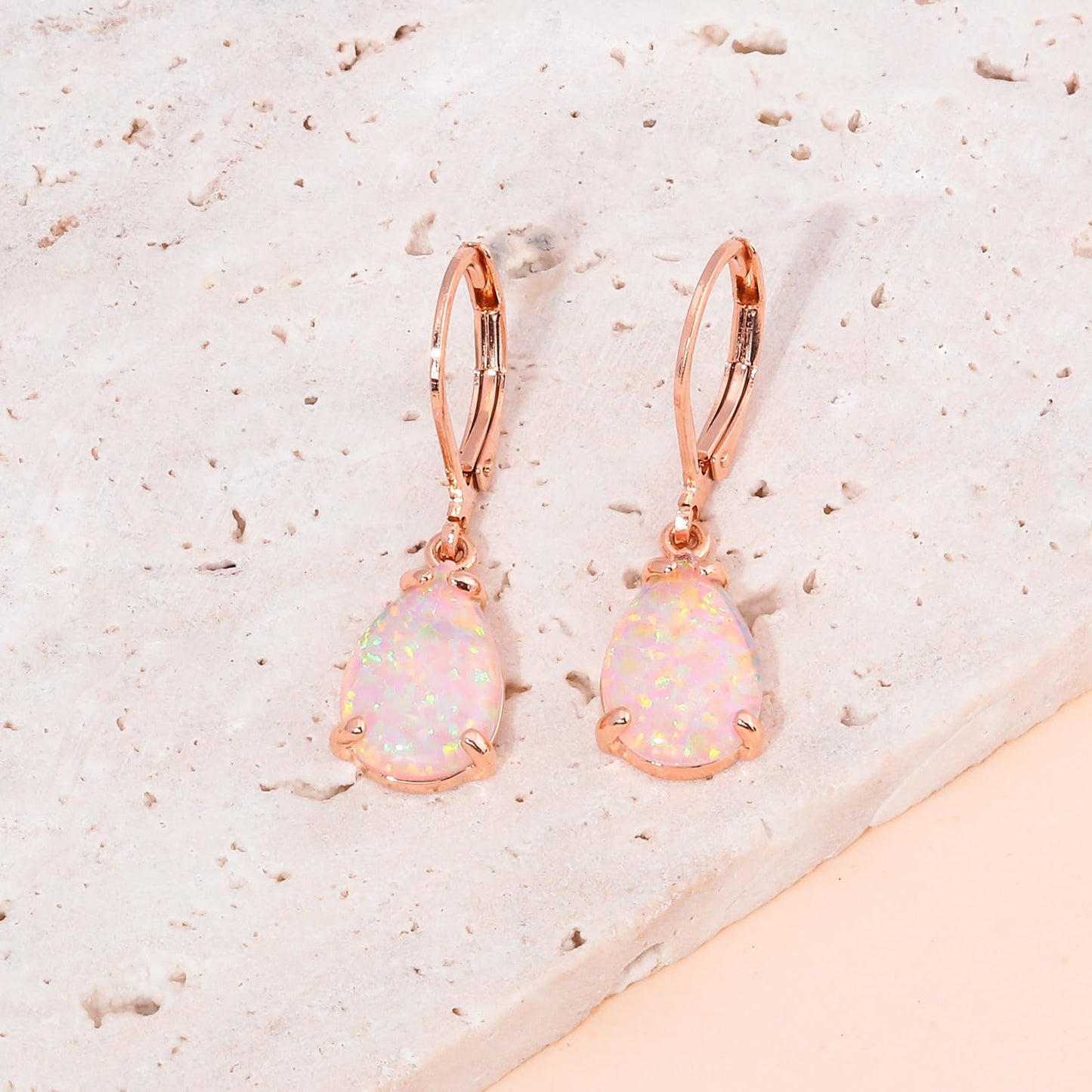 CiNily Teardrop Leverback Dangle Earrings for Women Hypoallergenic Pink Opal Pendant Drop Earrings 14K Rose Gold Plated Hanging Lever Earrings Fashion Jewelry for Sensitive Ears