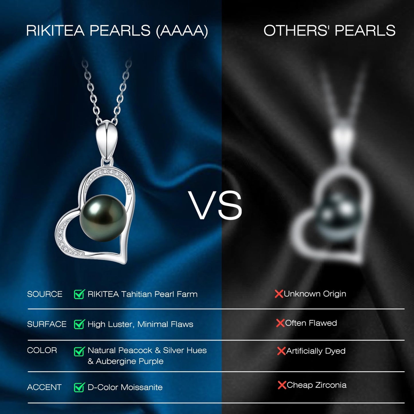 Genuine Tahitian Black Pearl Necklace - Christmas Gift for Women Wife, Mom, Jewelry Gifts for Wedding Anniversary Birthday, 9-10mm Seawater Pearl with Sterling Silver Moissanite Love Heart Pendant