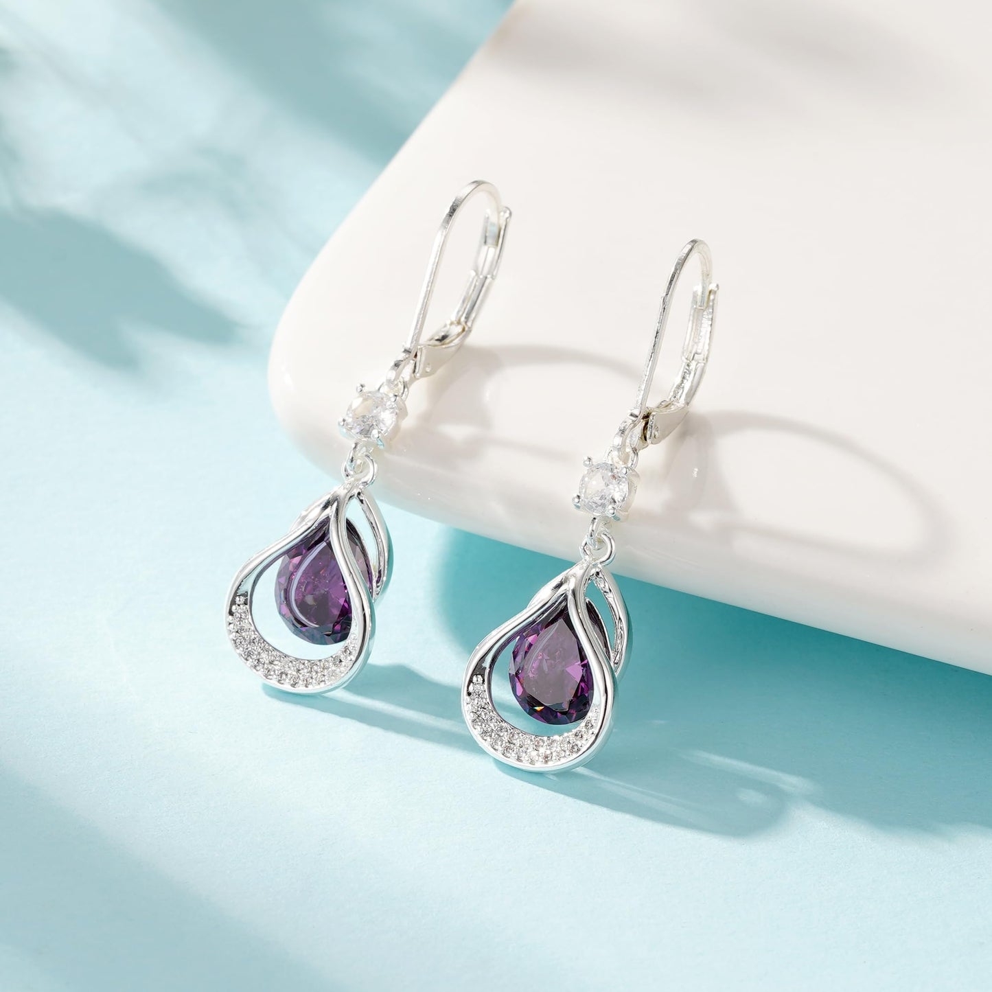 Dangle Trendy Leverback Birthstone Earrings Sliver Plated Teardrop Dangle Earrings Jewelry Christmas Birthday Gifts for Women (Sliver February)