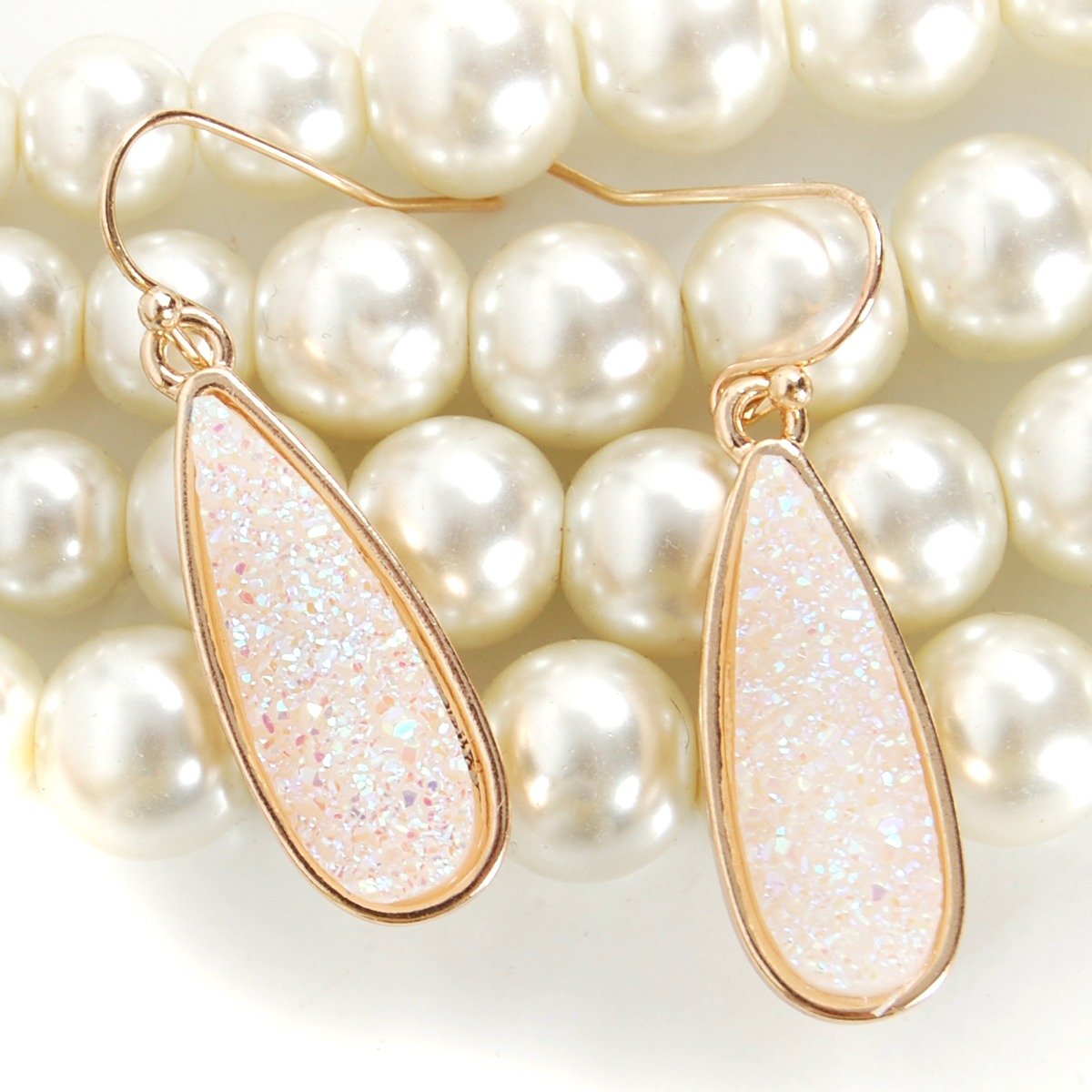 Simulated Druzy Drop Dangles - Gold Tone Sparkly Long Teardrop Dangly Earrings for Women, Gold Tone - White Created Opal