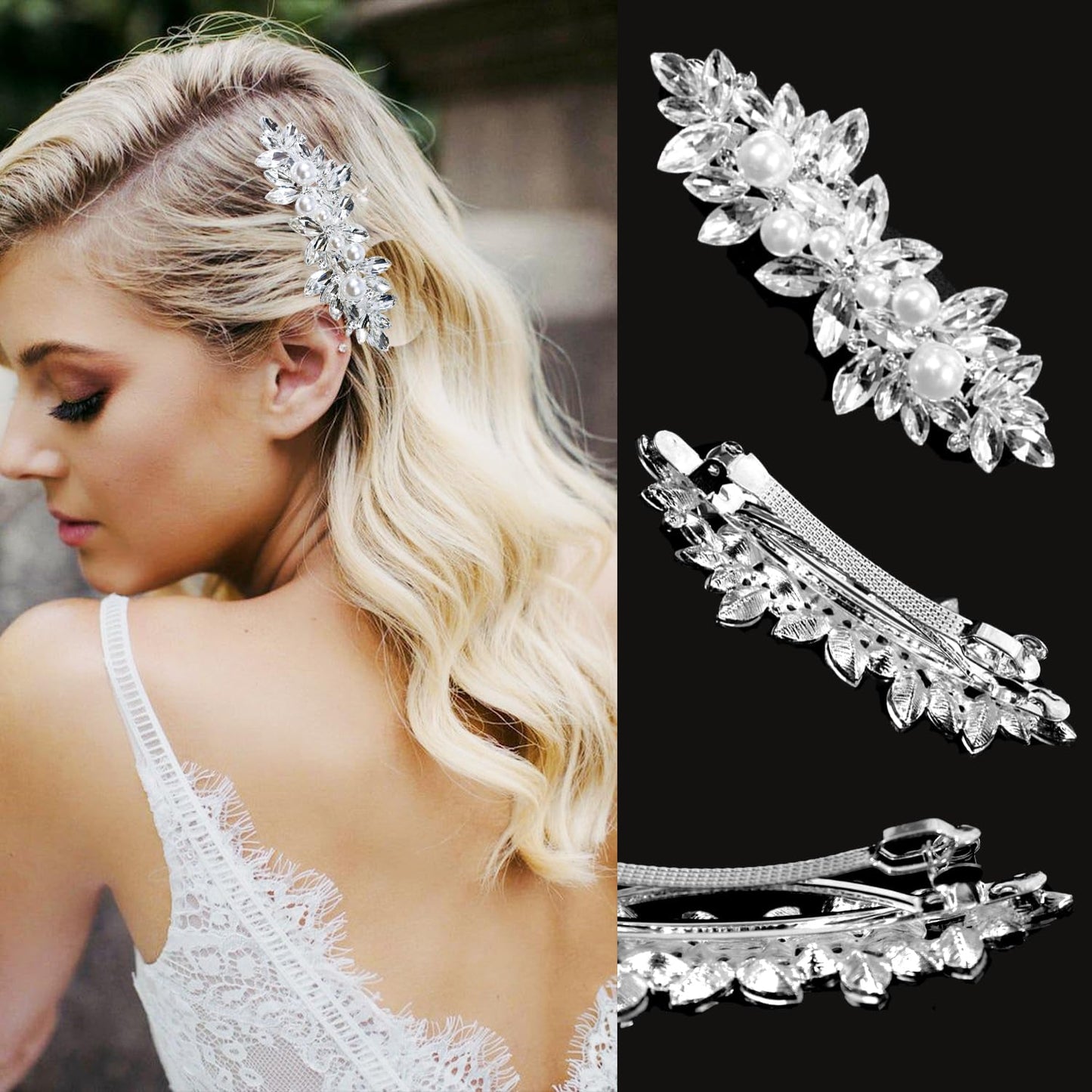 3 Pieces Rhinestone Bridal Hair Clips Leaf Wedding Hair Pins Crystal Bobby Pins Silver Hairpin Jewelry Barrette for Brides Bridesmaids Flower Girls