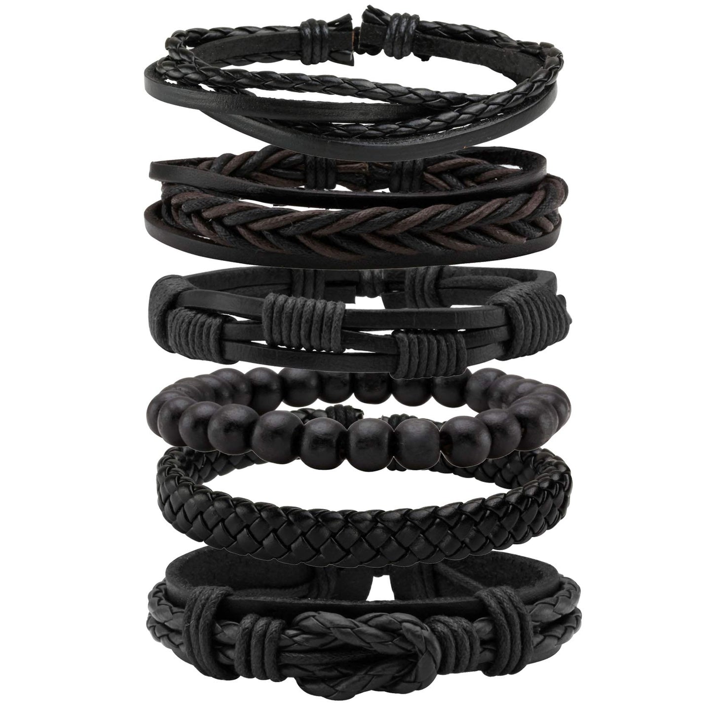MILAKOO 6 Pcs Black Braided Leather Bracelets for Men Women Cuff Wrap Wristbands