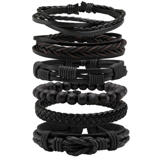 MILAKOO 6 Pcs Black Braided Leather Bracelets for Men Women Cuff Wrap Wristbands