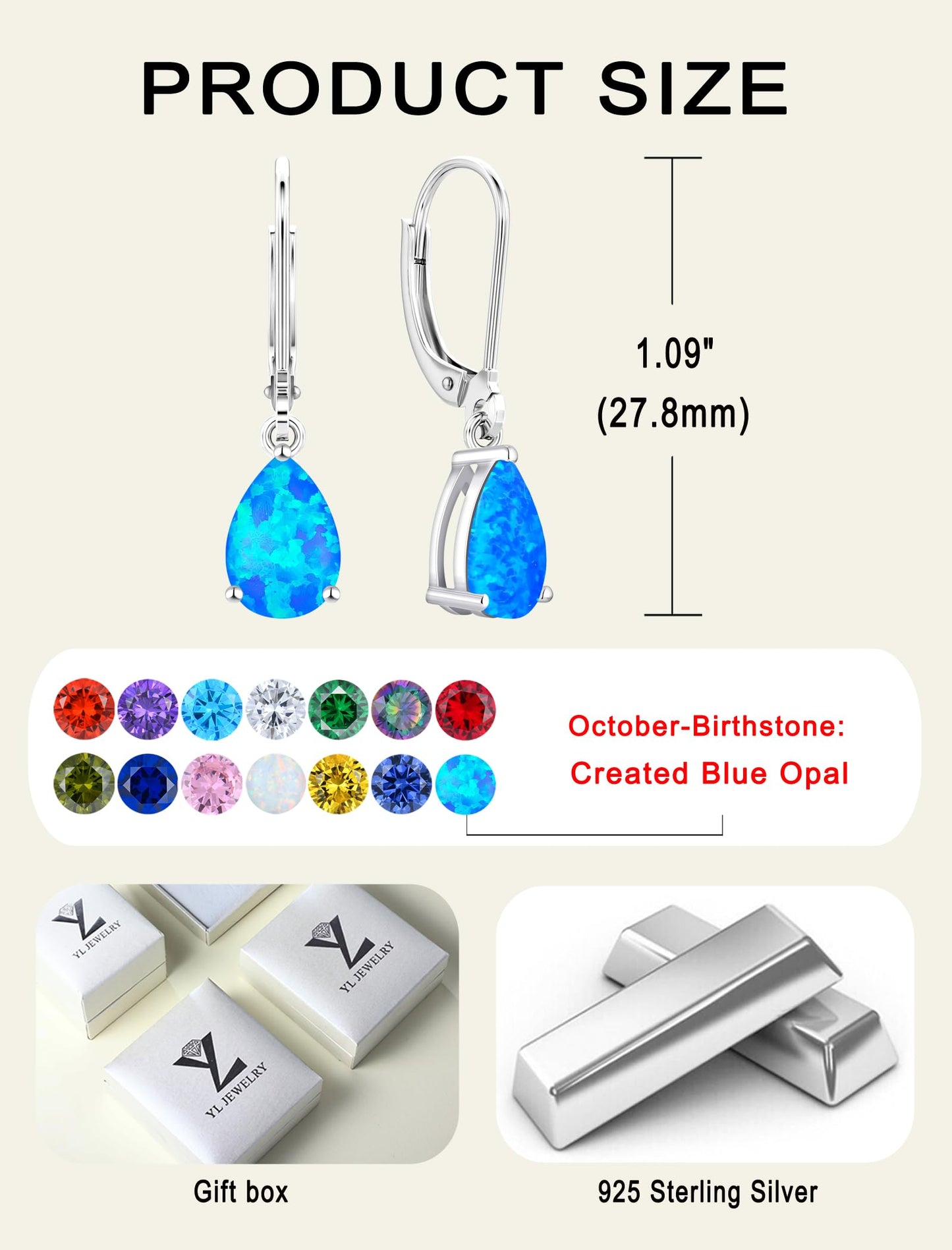 YL 925 Sterling Silver Teardrop Dangle Drop Earrings for Women 7x10 MM Solitaire Blue Created Opal Leverback Jewelry