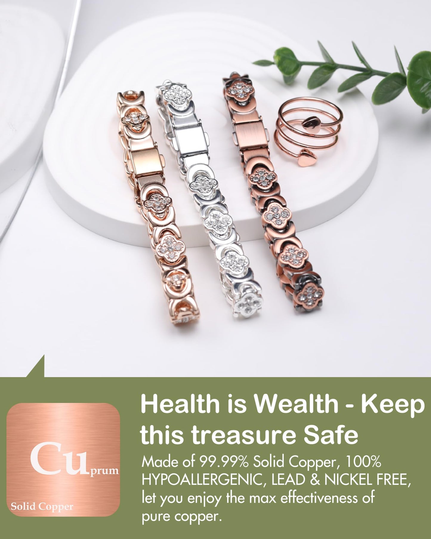 Feraco Pure Copper Bracelets & Rings for Women, Ultra Strength Magnetic Bracelet for Women with Neodymium Magnets & Sparkling Cubic Zirconia, Adjustable, Wellness Jewelry