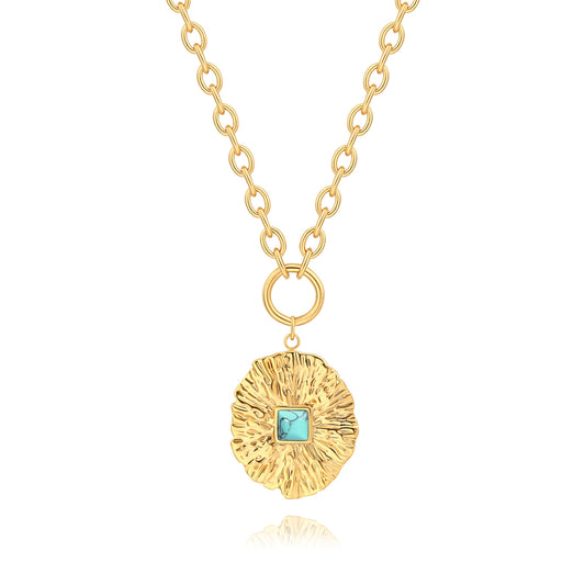 CANEVINKA 18k Gold Plated Lotus Leaf Pendant,Lotus Leaf Inlaid Turquoise Pendant Necklace， Adjustable Dainty Boho Chain，Minimalist Vintage Jewelry for Women